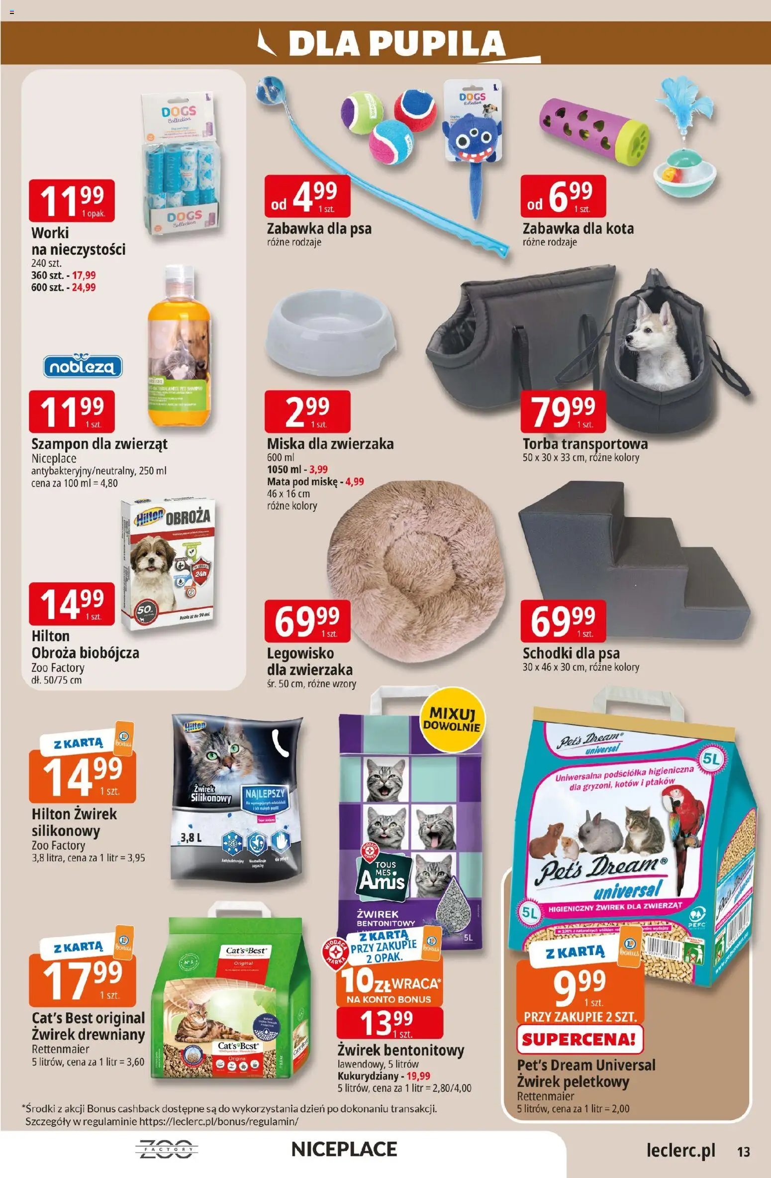 E.Leclerc gazetka - Wrocław od 10.03.2026 | Strona: 13 | Produkty: Torba, Zabawka dla psa, Żwirek bentonitowy, Żwirek drewniany