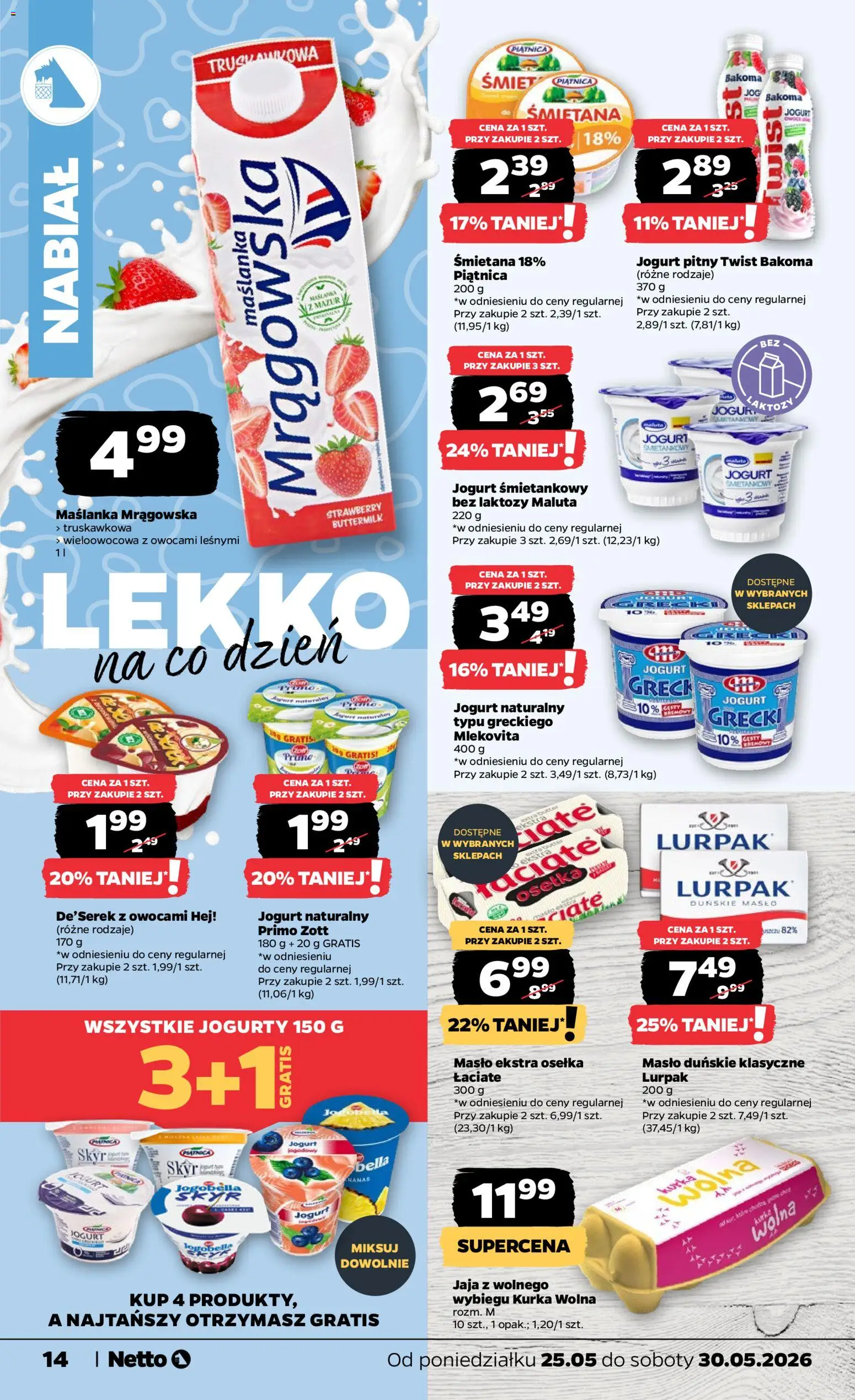 Netto gazetka od poniedziałku spożywcza od 25.05.2026 | Strona: 14 | Produkty: Maślanka, Jogurt naturalny, Śmietana, Skyr