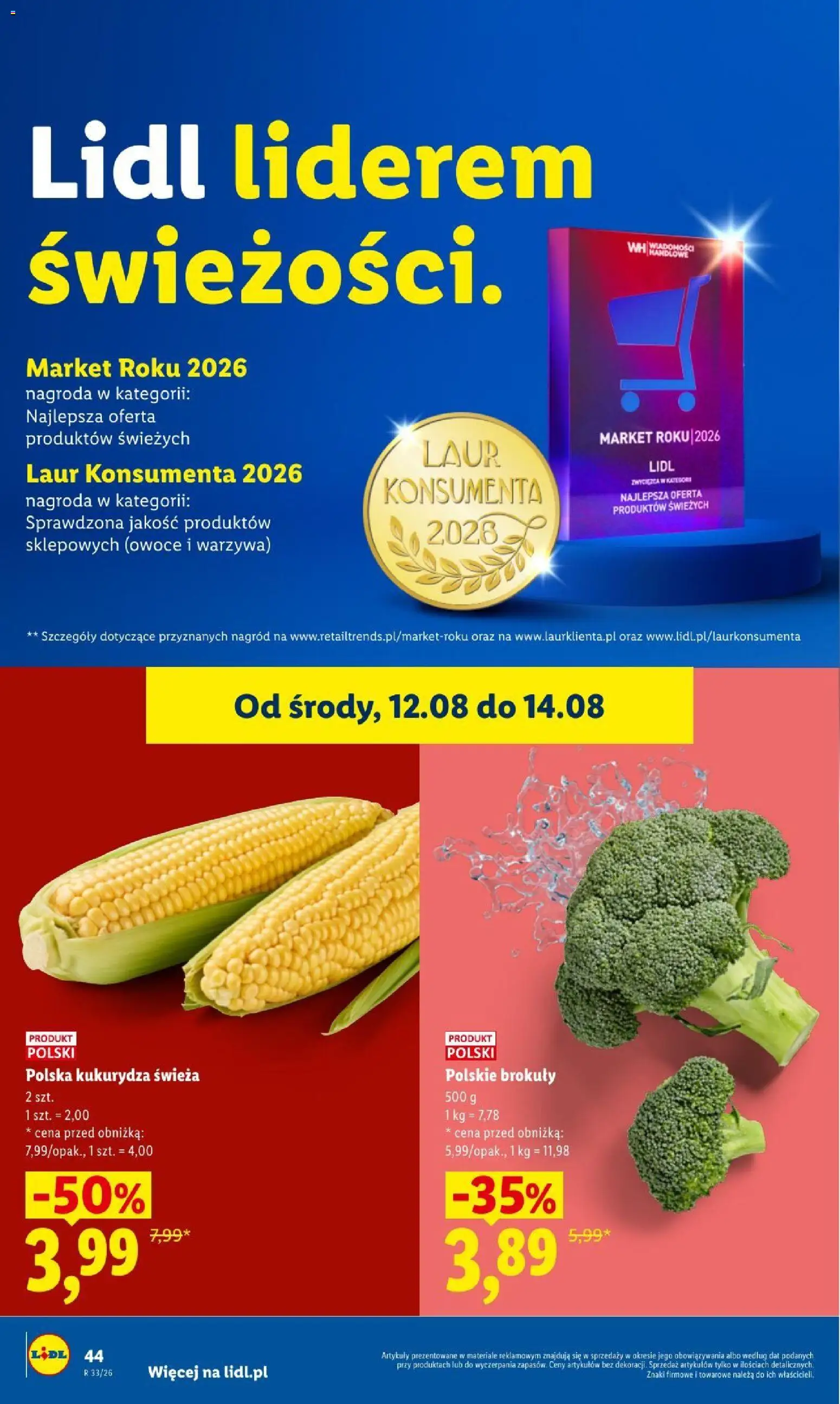 Lidl gazetka od 12.08.2026 | Strona: 44 | Produkty: Kukurydza, Brokuły, Warzywa, Owoce