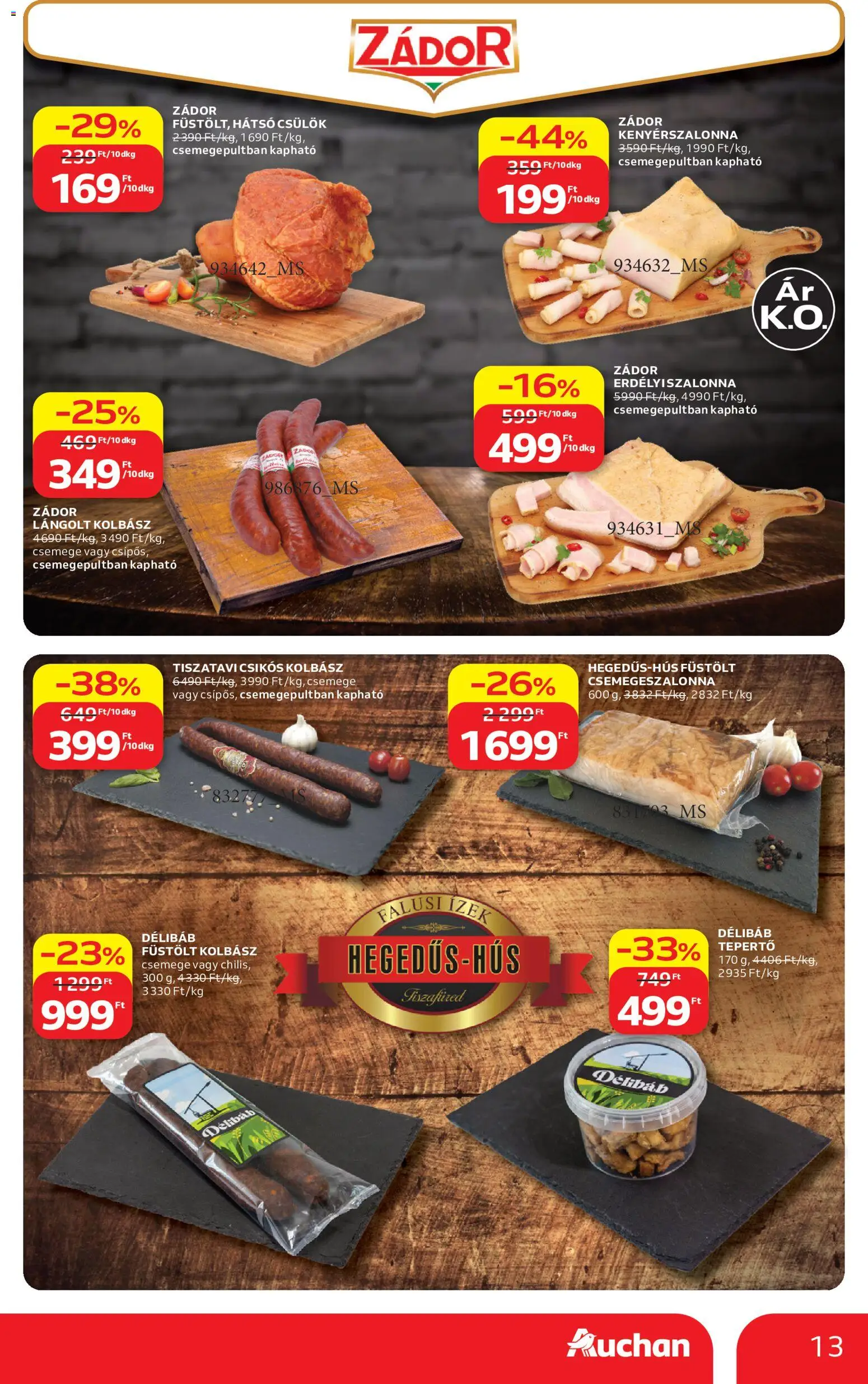 Auchan akciós ujság - amely érvényes a következő dátumtól: 2026.08.13. | Oldal: 13 | Termékek: Kolbász, Bacon, Lángolt kolbász, Csülök