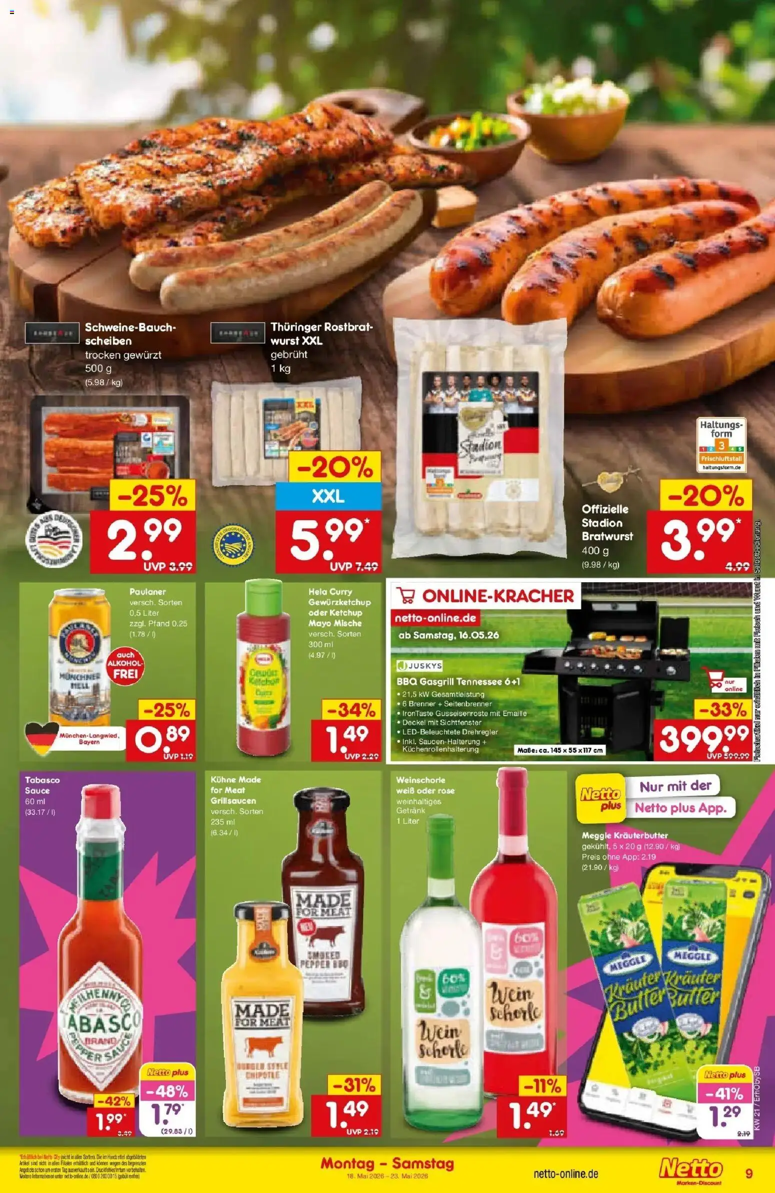 Netto Marken-Discount Prospekt Mauern	 – gültig ab 17.05.2026 | Seite: 9 | Produkte: Butter, Schweinebauch, Bratwurst, Weinschorle