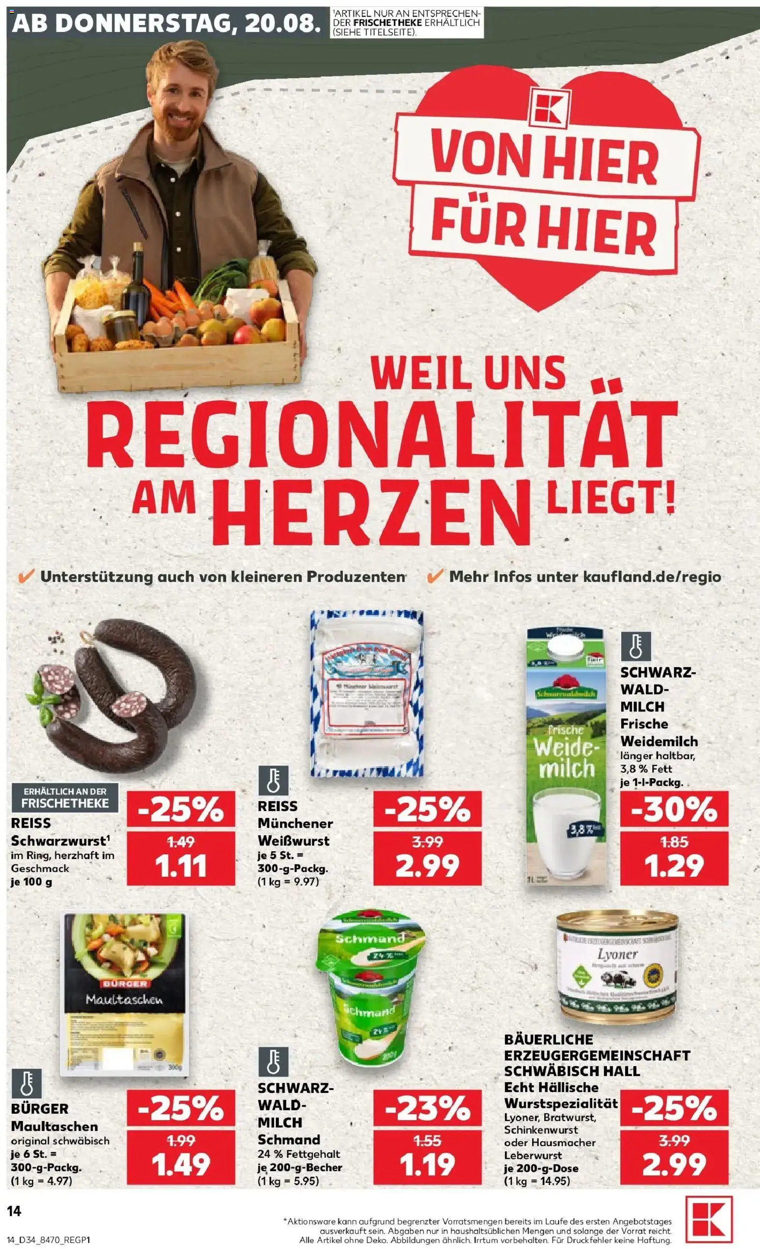 Prospekt Kaufland ab 20.08.2026 » Angebote Online zum Blättern | Seite: 14 | Produkte: Milch, Burger, Weißwurst, Maultaschen