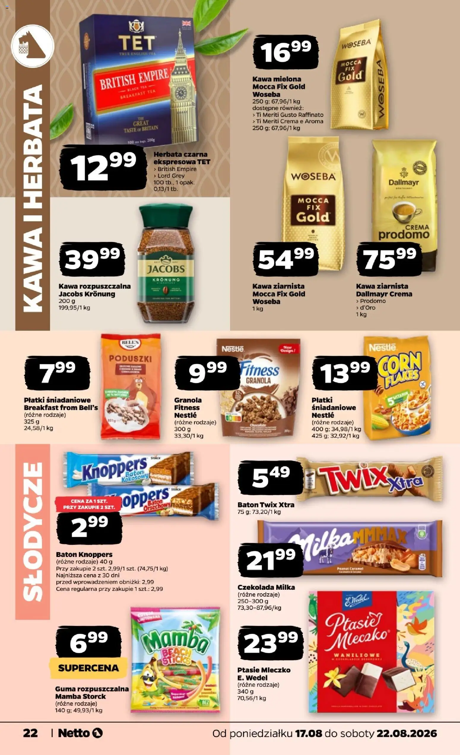 Netto gazetka od poniedziałku od 17.08.2026 | Strona: 22 | Produkty: Dallmayr, Płatki śniadaniowe, Baton, Knoppers baton
