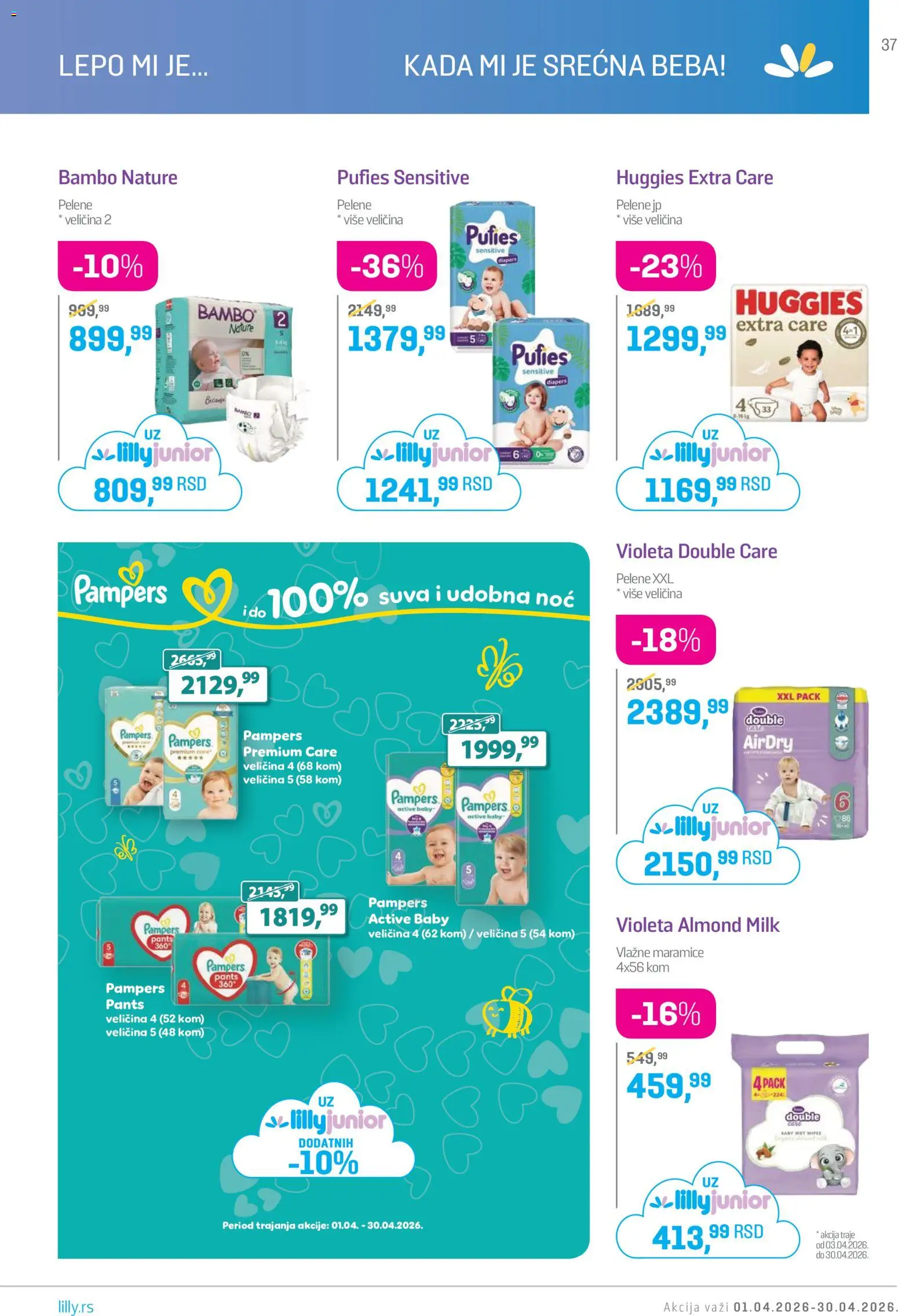 Lilly drogerie katalog - važi od 01.04.2026 | Strana: 37 | Proizvode: Pampers, Vlažne maramice, Pelene