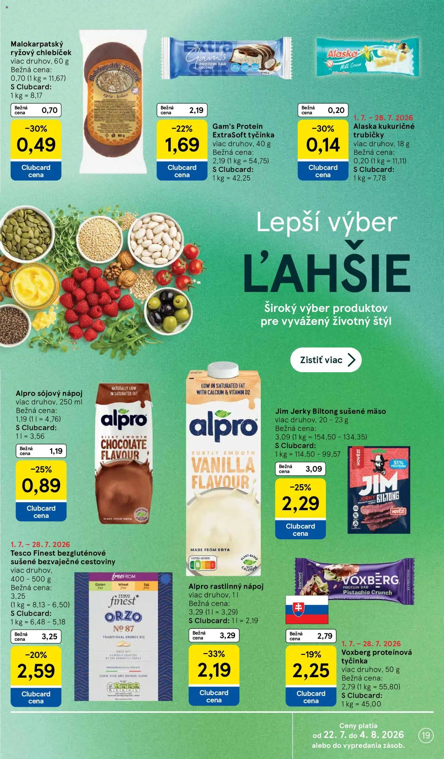 Nové Tesco akcie – leták je platný od 22.07.2026 | Strana: 19 | Produkty: Cestoviny, Quinoa, Trubičky, Alpro
