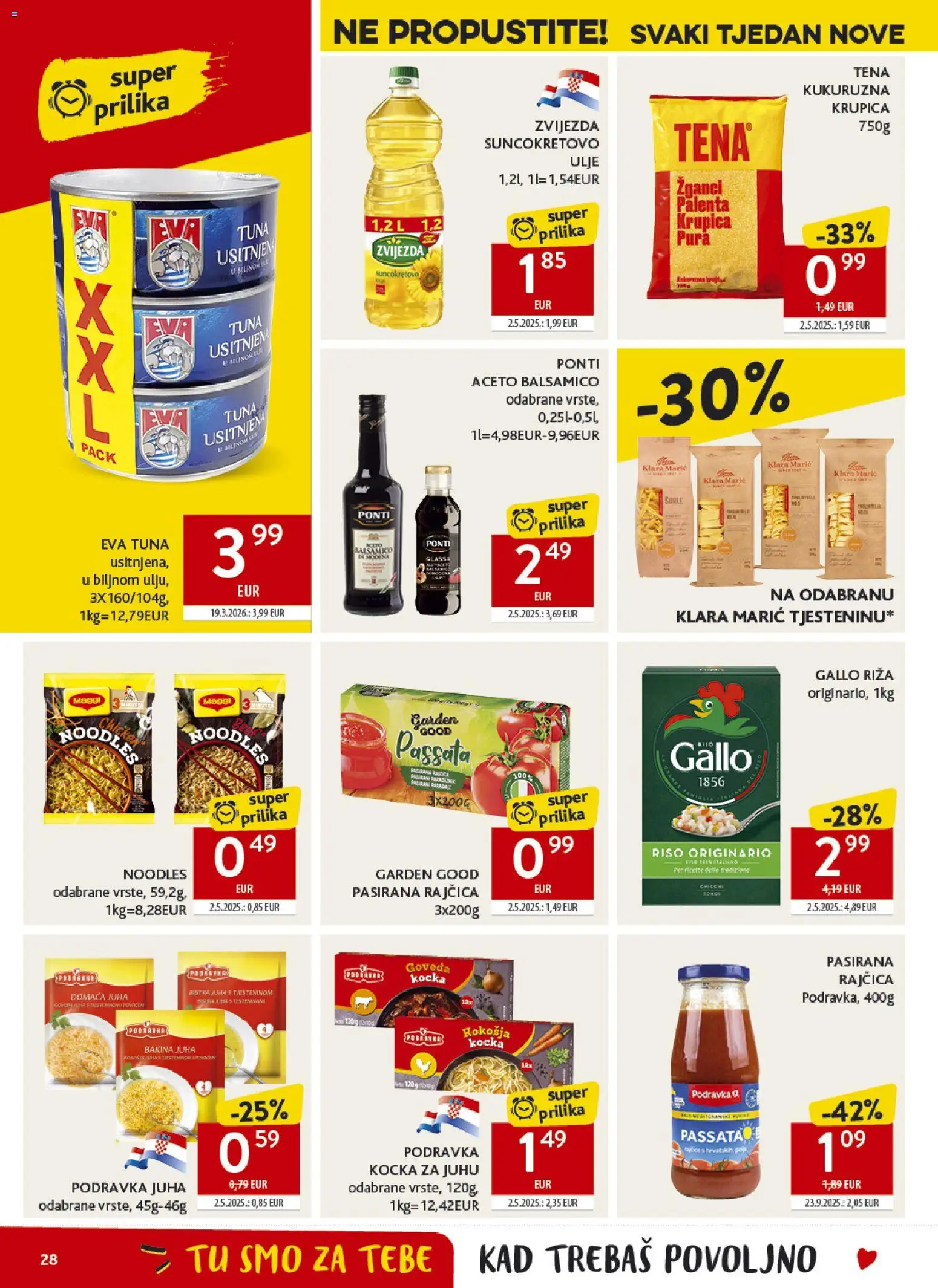 Konzum katalog | vrijedi od 03.06.2026 | Stranica: 28 | Proizvodi: Pasirana rajčica, Podravka, Riža, Kocka za juhu