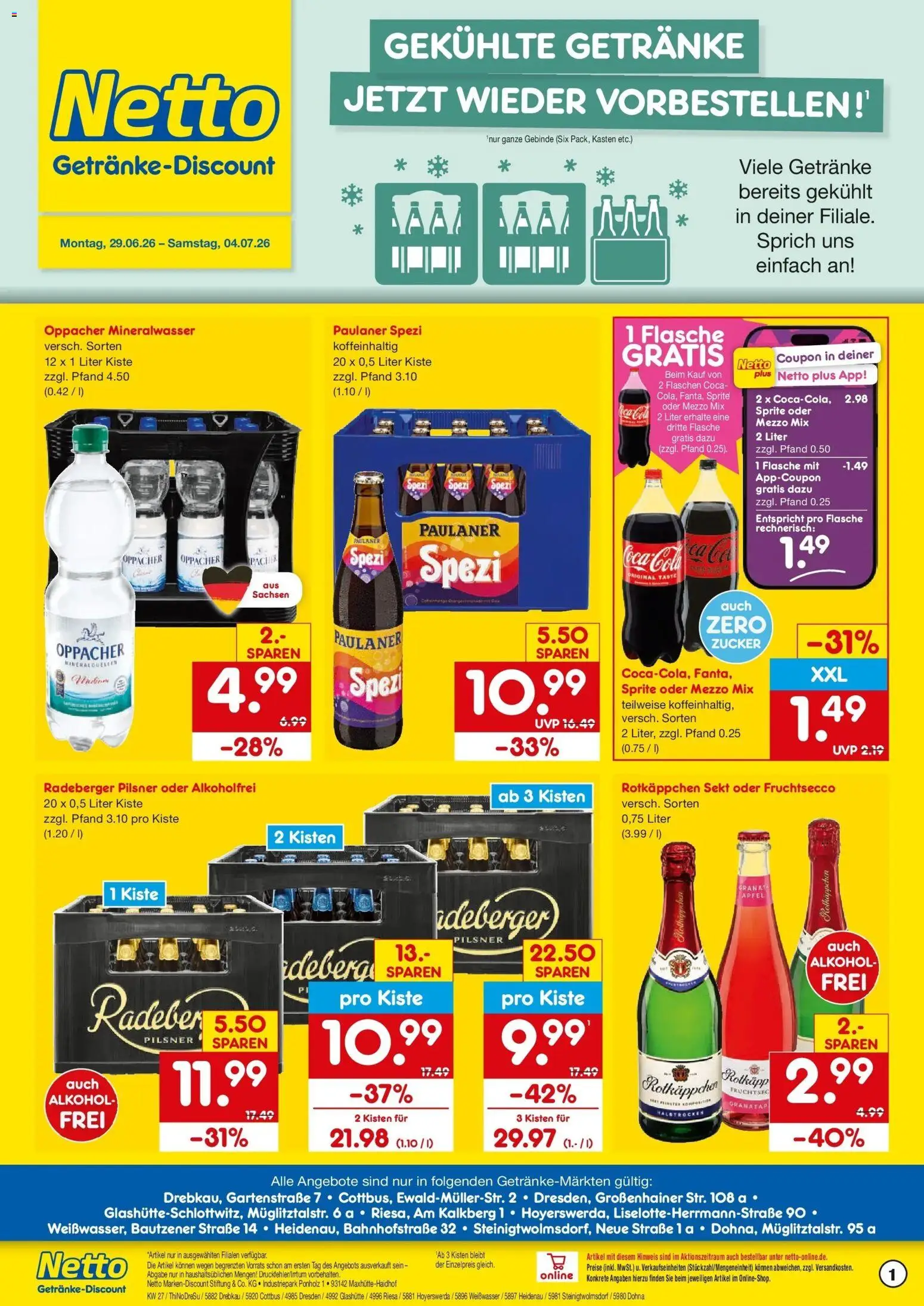 Netto Marken-Discount Prospekt Dresden – gültig ab 29.06.2026 | Seite: 1 | Produkte: Sprite, Mineralwasser, Oder mezzo mix, Radeberger pilsner
