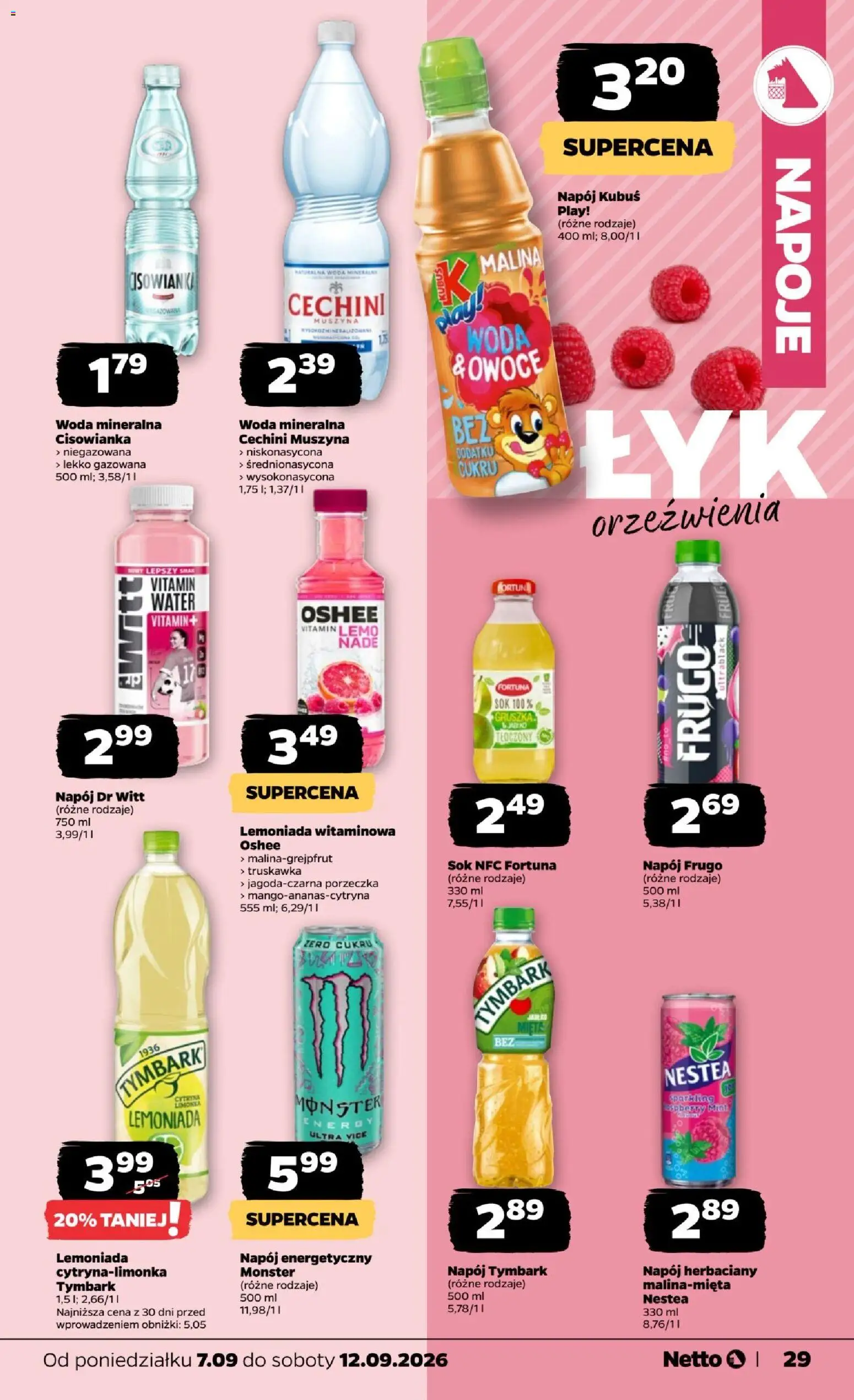 Netto gazetka od poniedziałku od 07.09.2026 | Strona: 29 | Produkty: Kubuś, Woda mineralna, Tymbark, Oshee