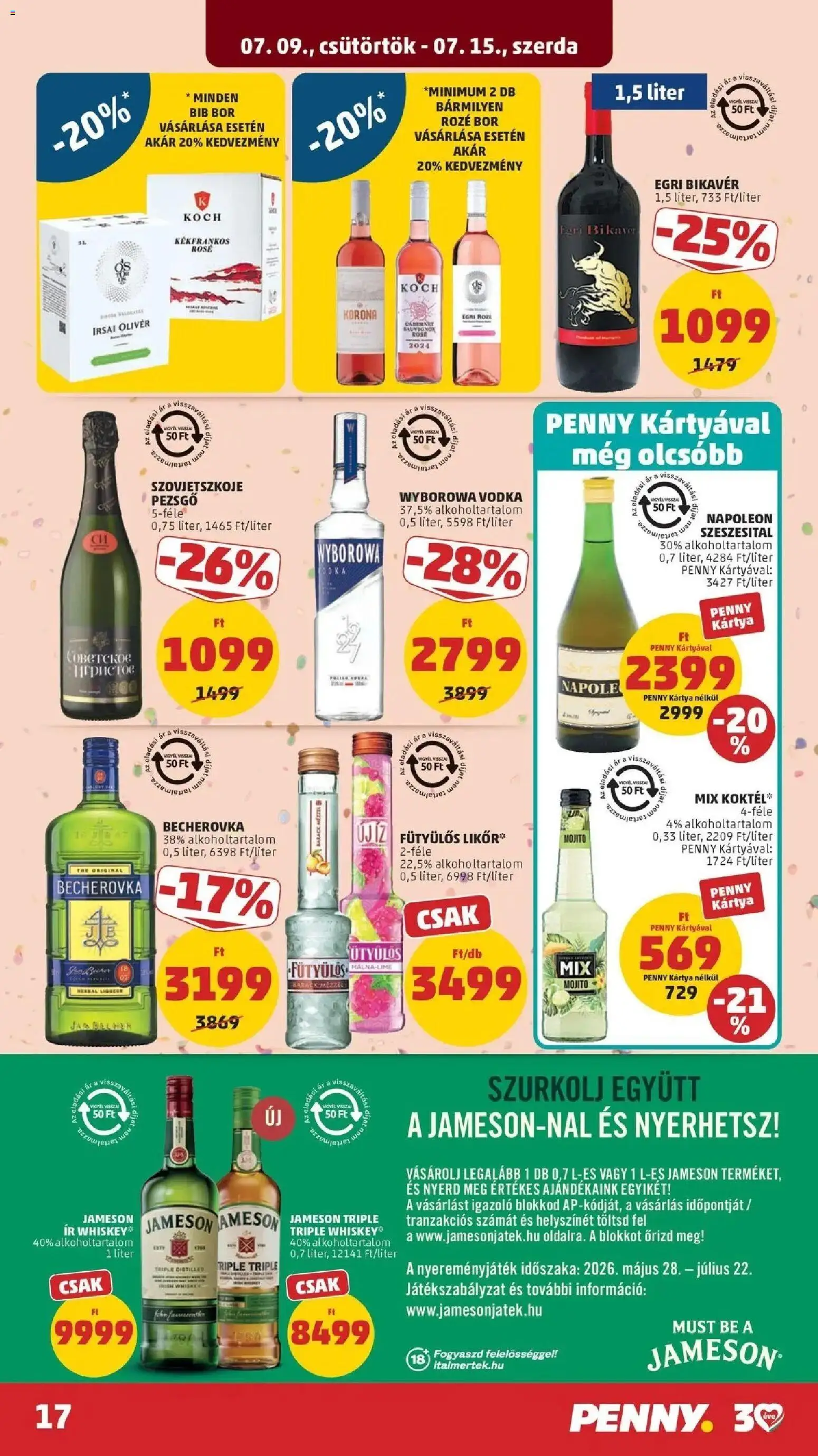 PENNY akciós ujság - amely érvényes a következő dátumtól: 2026.07.09. | Oldal: 17 | Termékek: Jameson, Pezsgő, Becherovka, Vodka