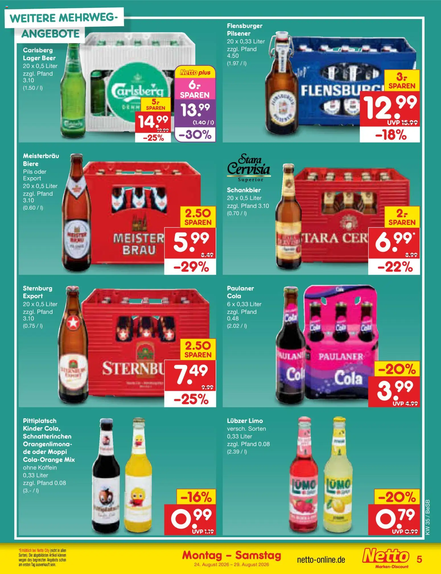 Netto Marken-Discount Prospekt – gültig ab 24.08.2026 | Seite: 5 | Produkte: Carlsberg, Cola, Pils, Paulaner
