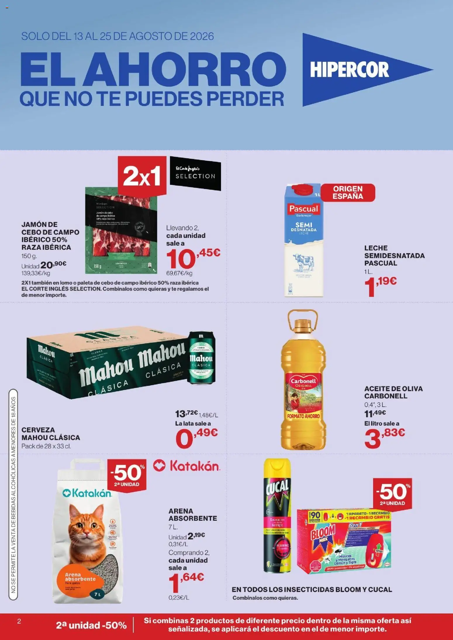Hipercor catálogo │ válido desde el 13/08/2026 | Página: 2 | Productos: Leche, Lomo, Té, Aceite de oliva