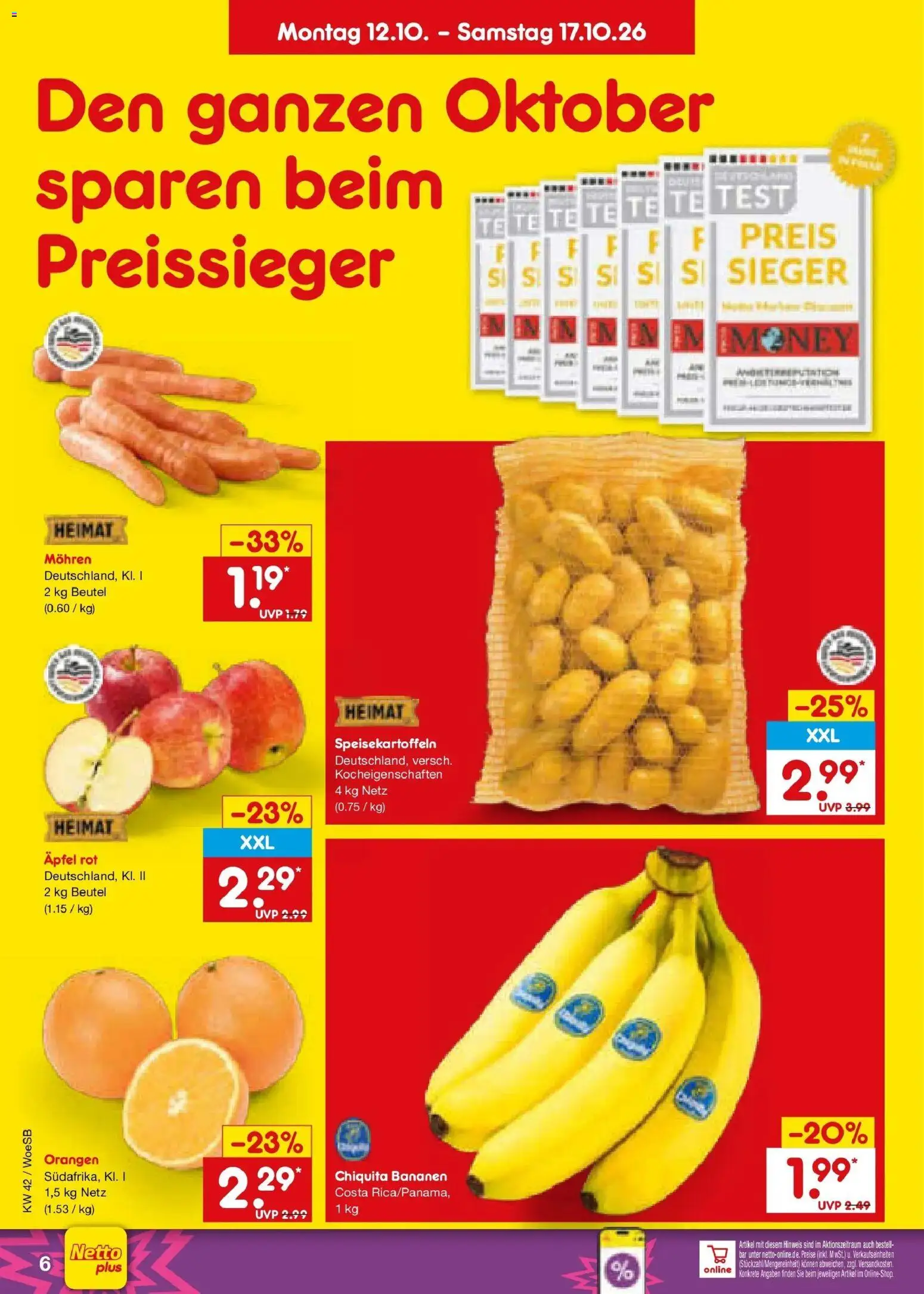 Netto Marken-Discount Prospekt Gemmingen (ab 12.10.2026) » Angebote | Seite: 6 | Produkte: Äpfel, Bananen, Orangen, Mohren