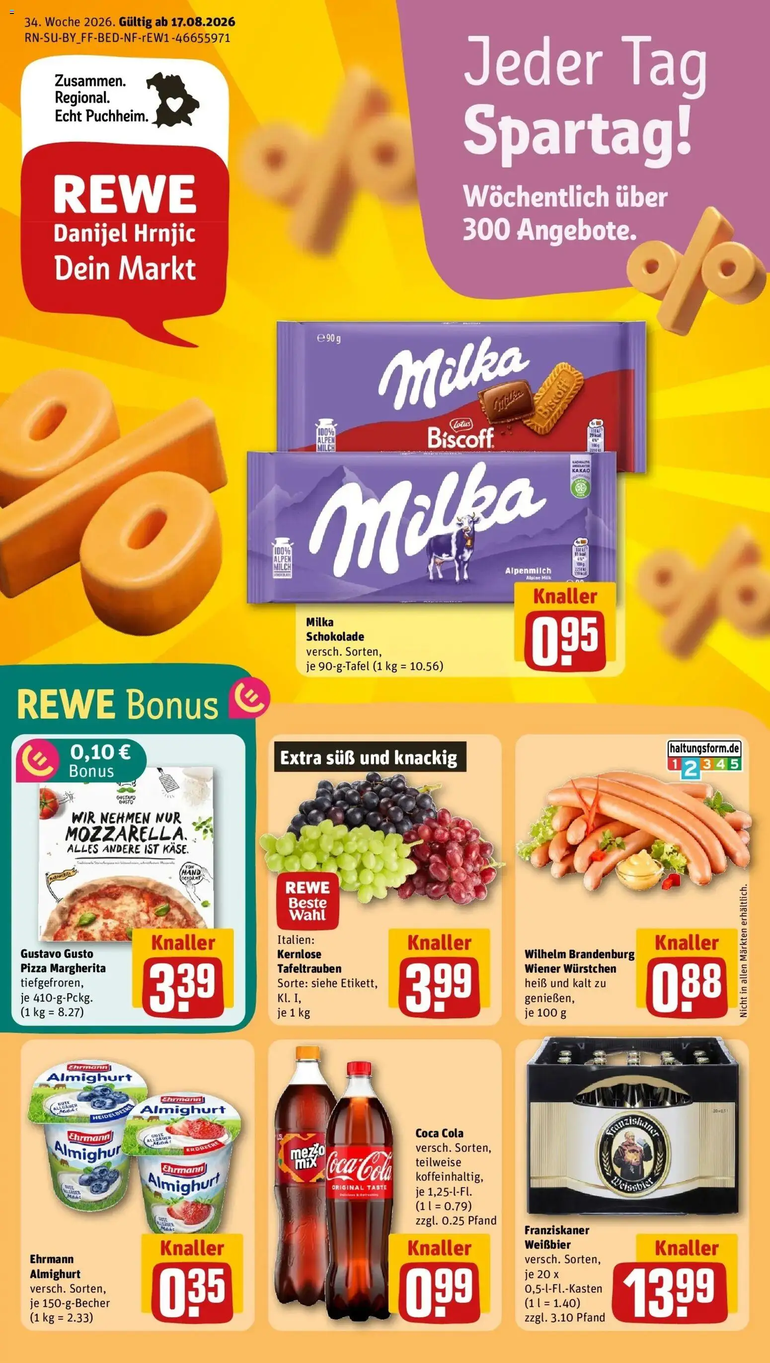 REWE Prospekt ab 17.08.2026 zum Blättern » Angebote | Seite: 1 | Produkte: Franziskaner, Coca cola, Weißbier, Milka