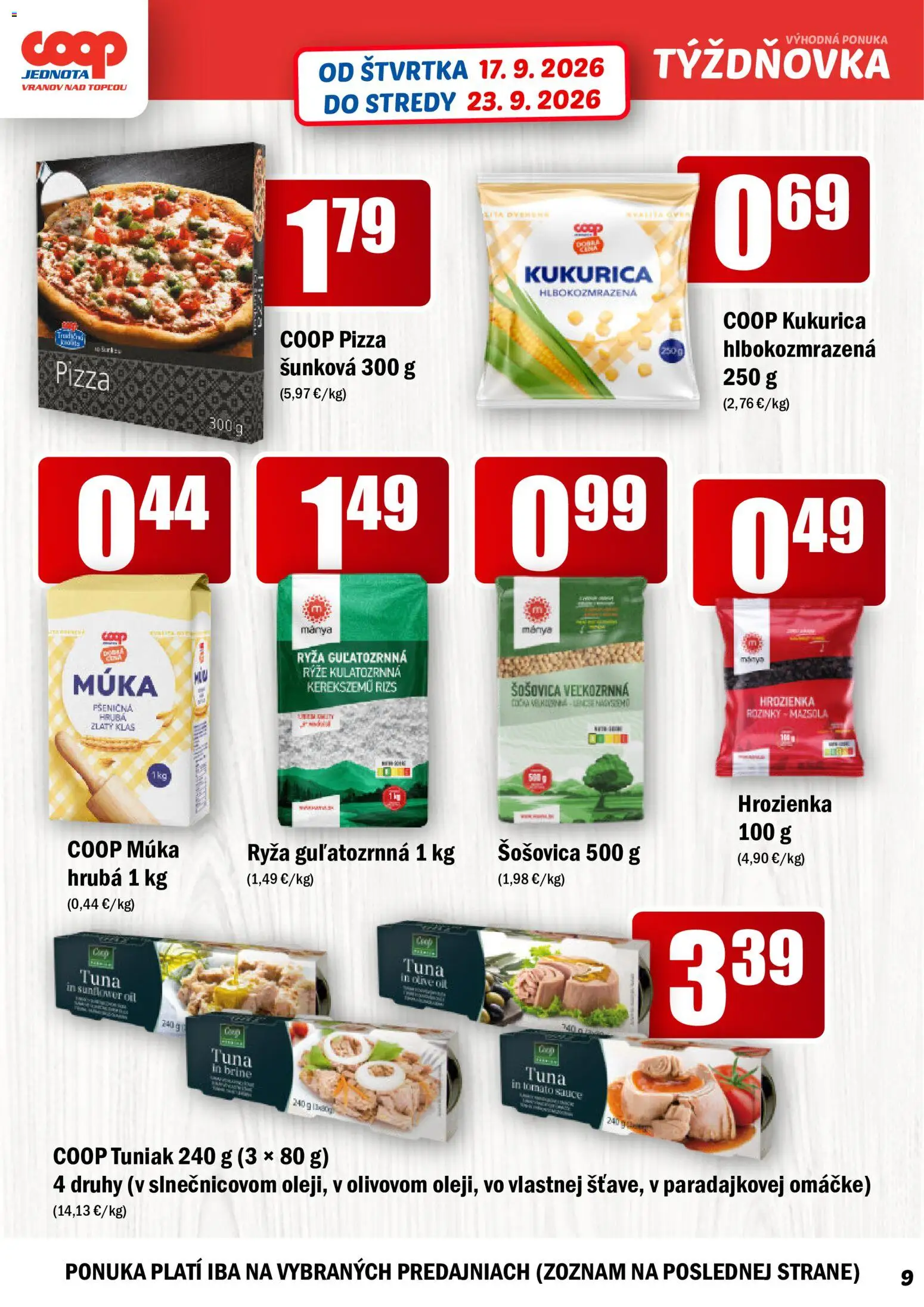 Nové COOP Jednota akcie – leták je platný od 17.09.2026 | Strana: 9 | Produkty: Tuniak, Šošovica, Múka, Hrozienka