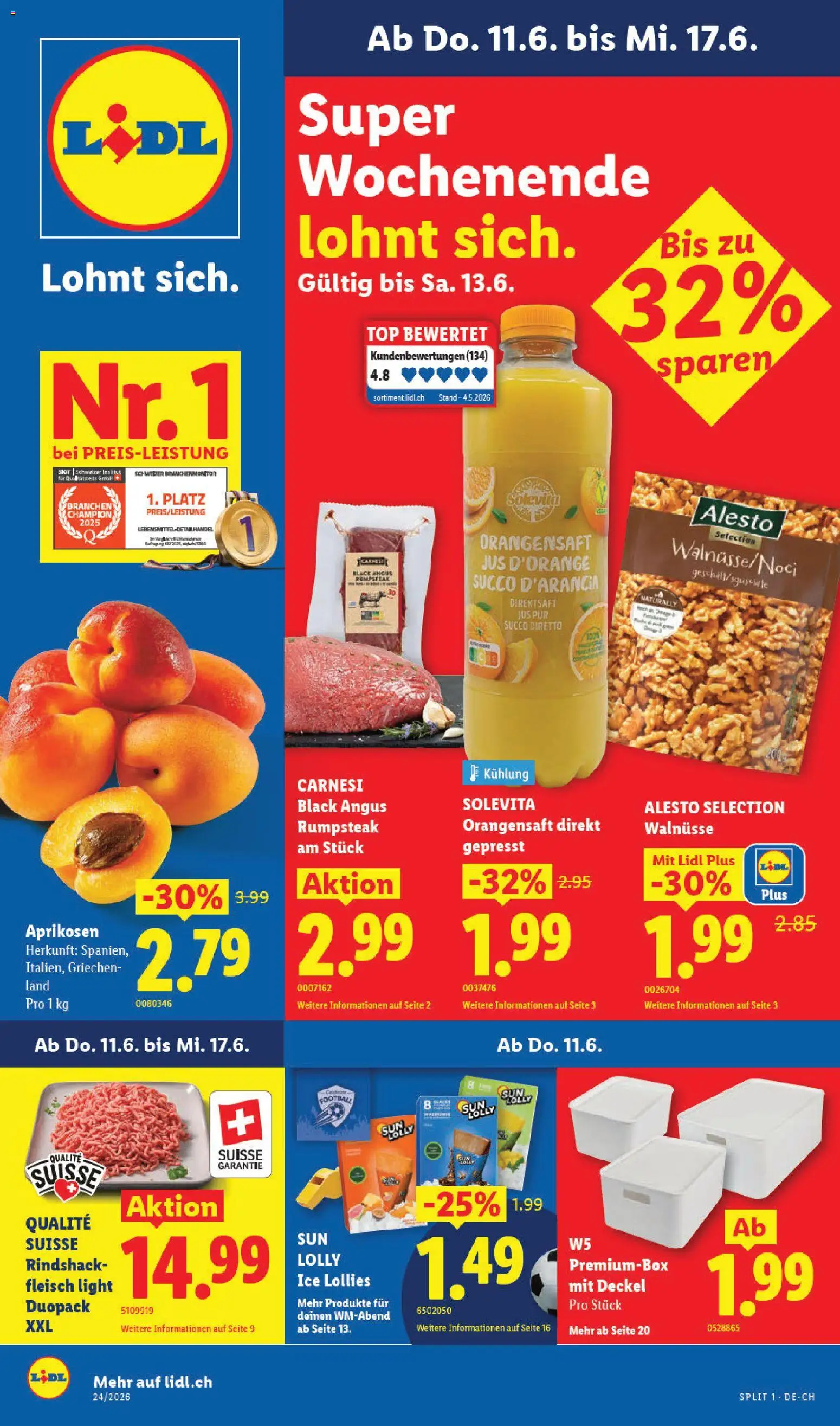 Lidl aktionen – gültig ab 11.06.2026 | Seite: 1 | Produkte: Walnüsse, Orangensaft, Top
