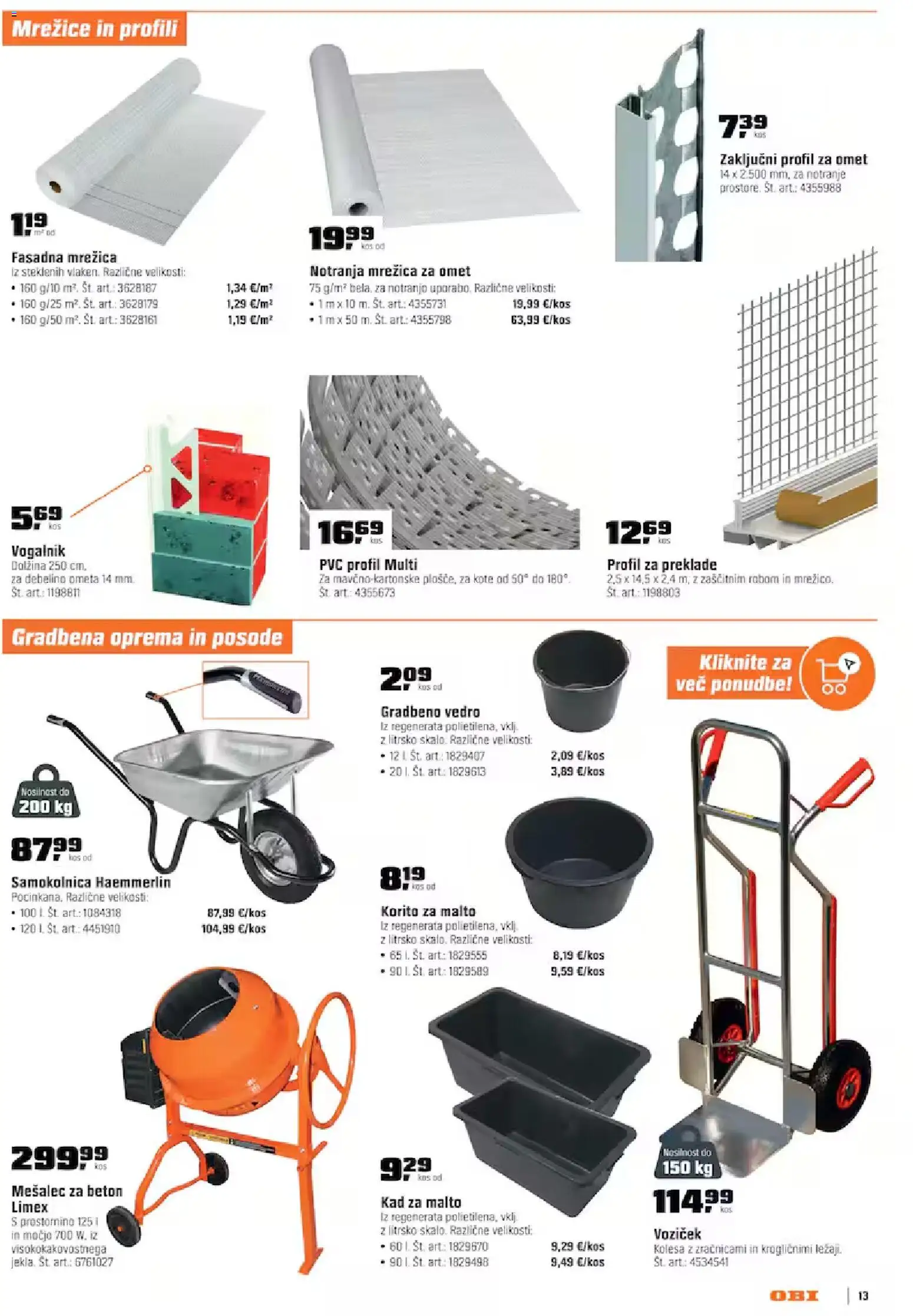 Novi OBI katalog ponudbe – veljaven od 01.09.2026 | Stran: 13 | Izdelki: Mrežica, Beton, Samokolnica, Mešalec