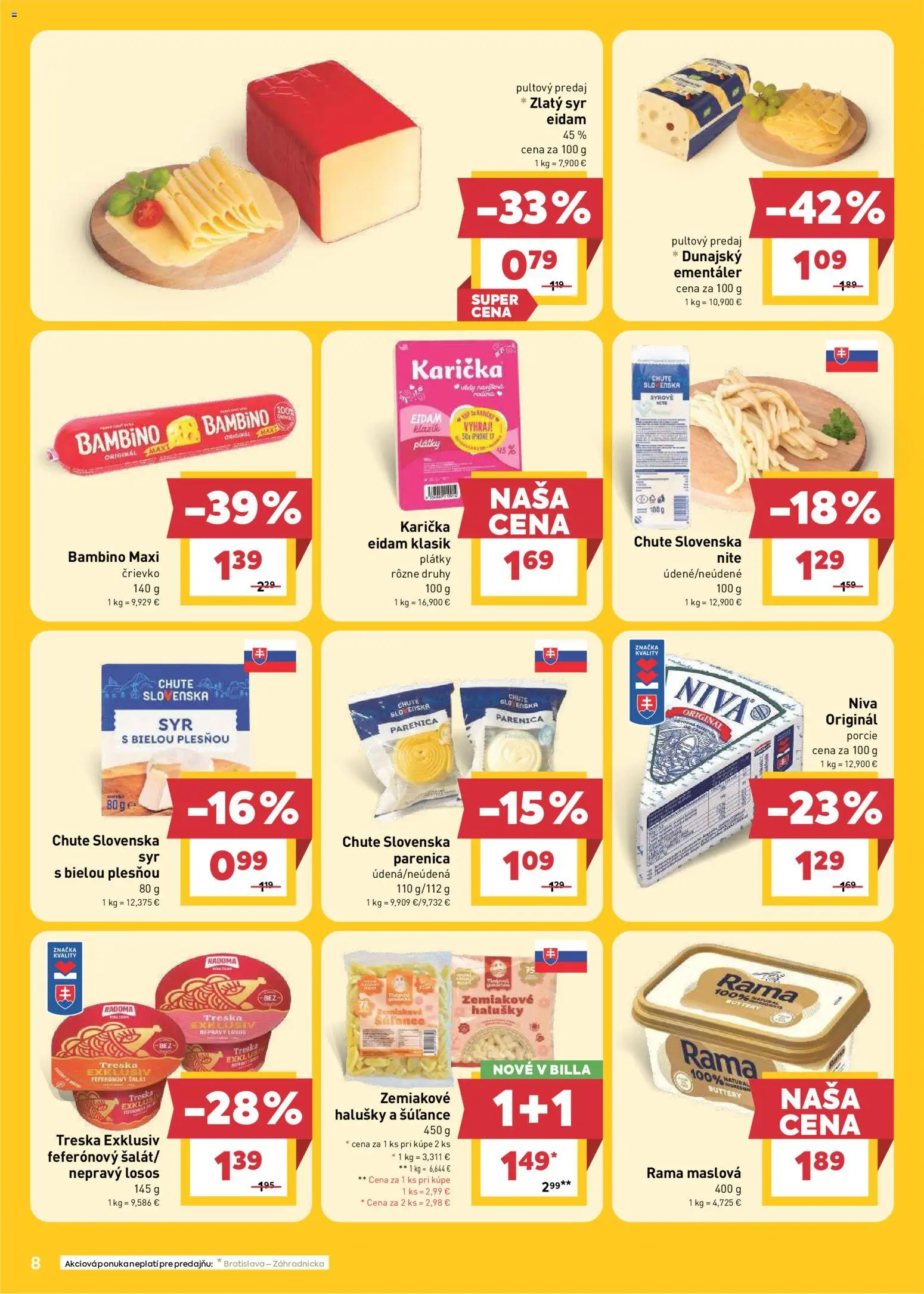 Nové Billa akcie – leták je platný od 15.07.2026 | Strana: 8 | Produkty: Syr, Eidam 45%, Rama, Treska
