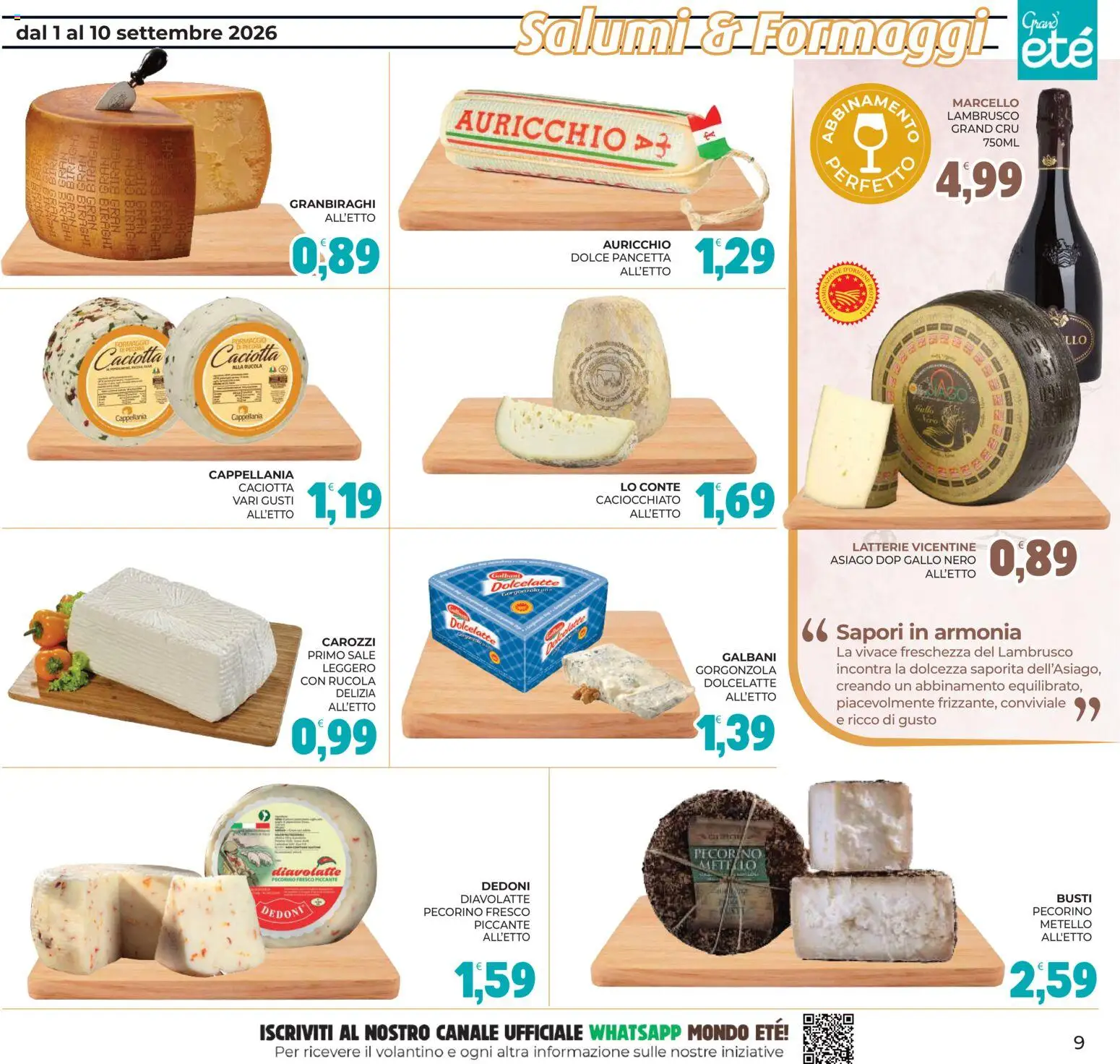 Volantino Eté del 01/09/2026 | Pagina: 9 | Prodotti: Pancetta, Gorgonzola, Pecorino, Lambrusco