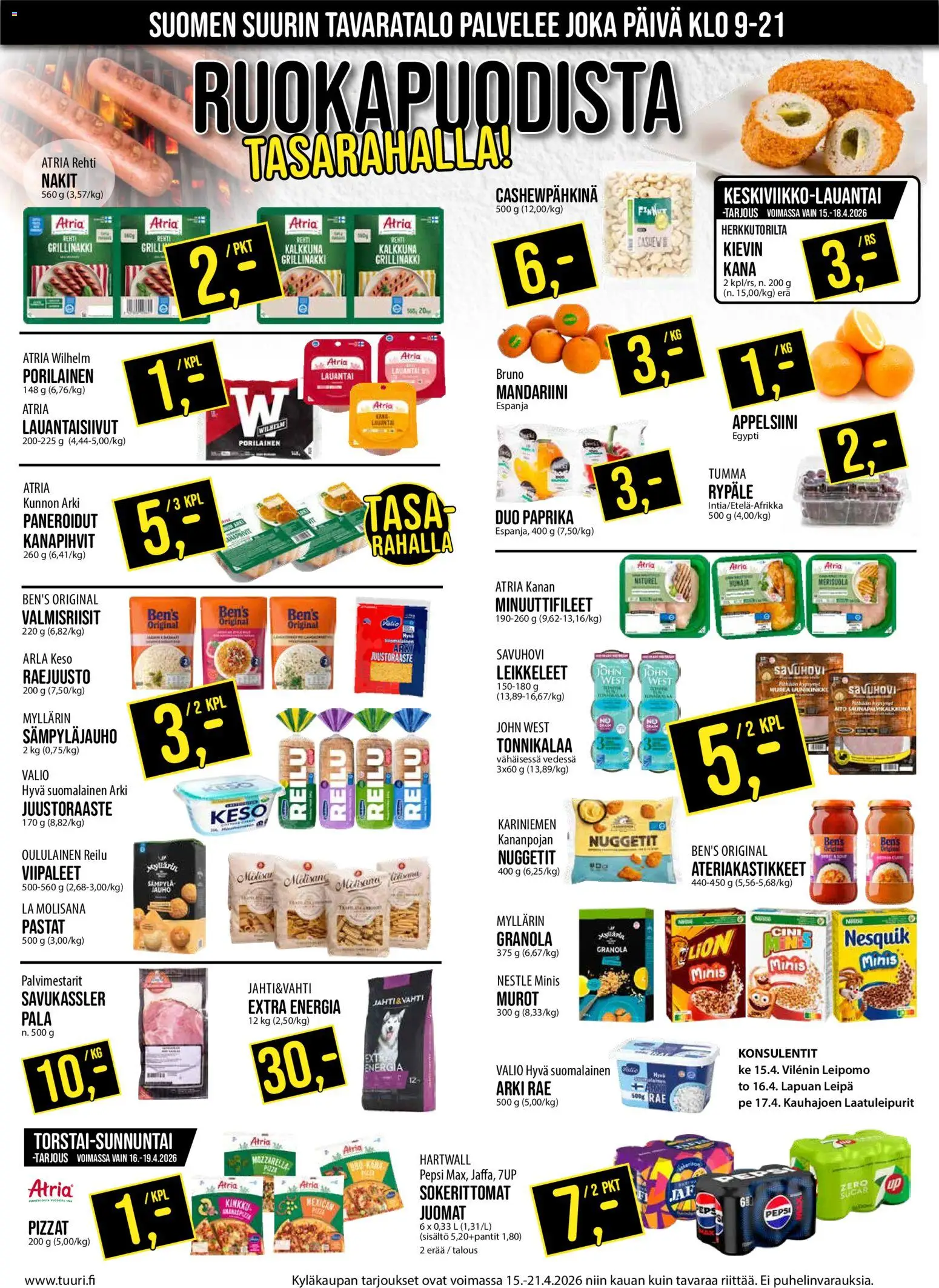 Tuuri tarjoukset – voimassa 15.04.2026 alkaen | Sivu: 8 | Tuotteet: Juustoraaste, Nakit, Pepsi, Kinkku