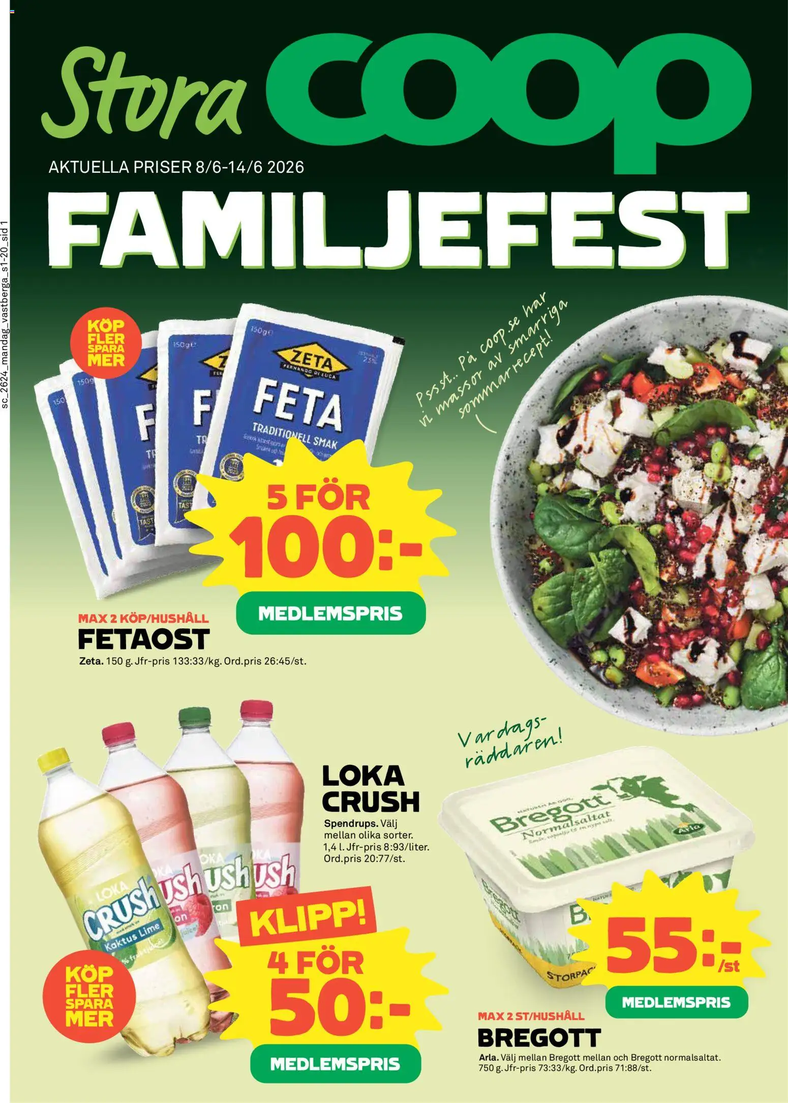 Coop Forum reklamblad aktuell från 08.06.2026 | Sida: 1 | Produkter: Loka, Bregott, Fetaost, Lime