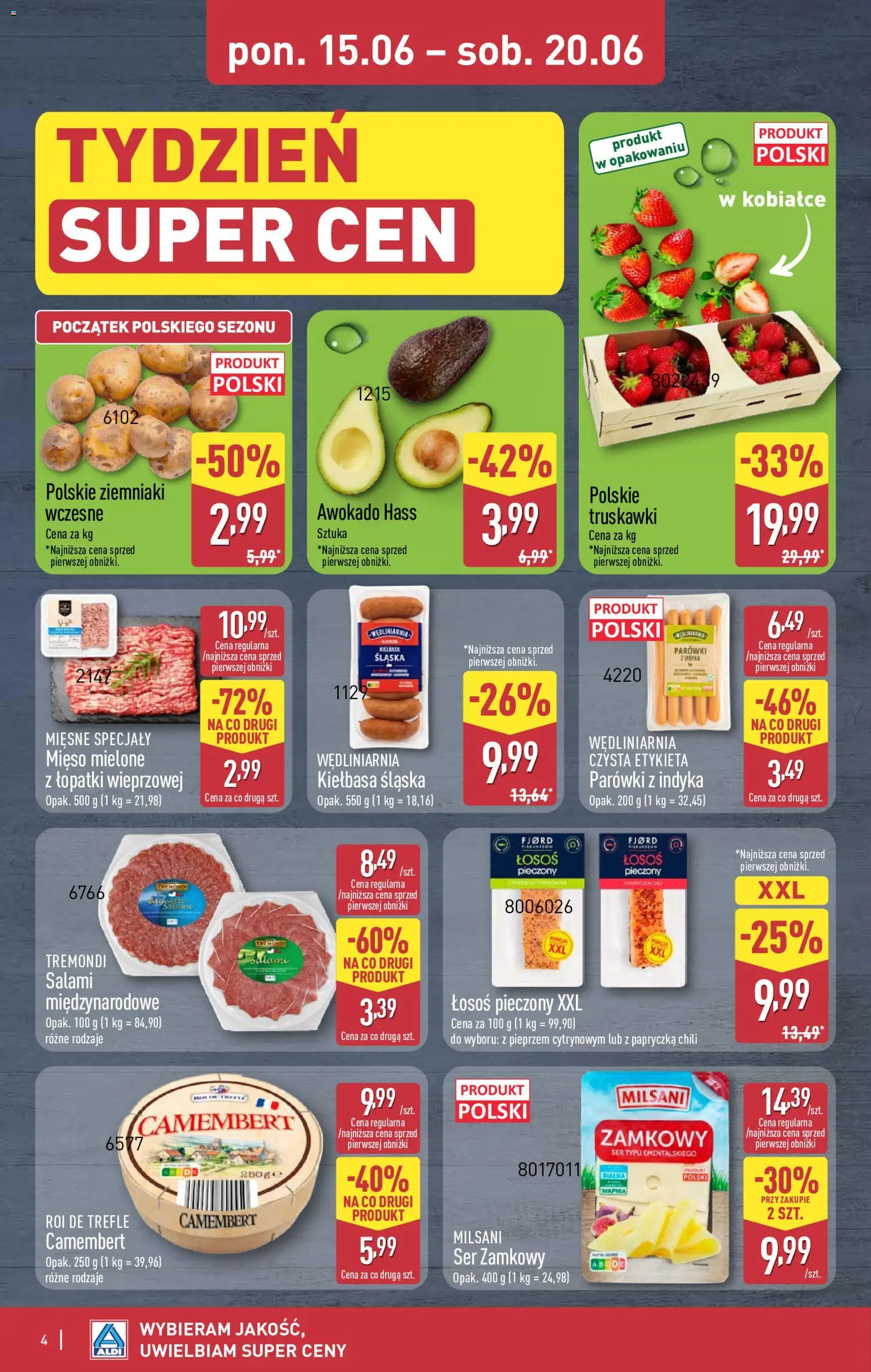 Aldi gazetka - Oferta weekendowa od 18.06.2026 | Strona: 4 | Produkty: Mięso, Parówki, Camembert, Salami