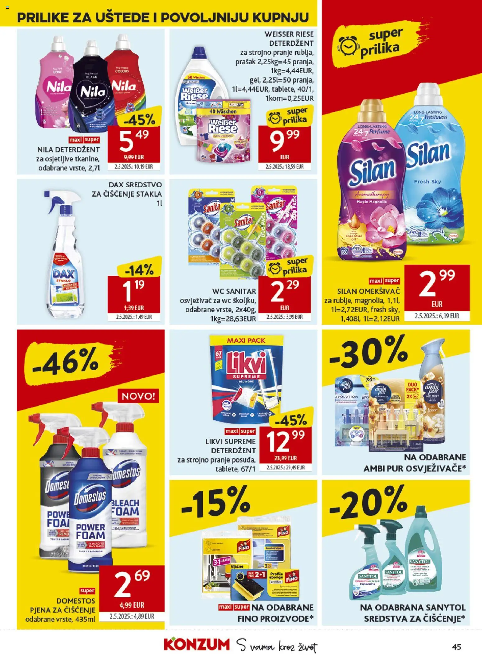 Konzum HR akciós ujság - amely érvényes a következő dátumtól: 2026.09.16. | Oldal: 45 | Termékek: Silan, Ambi Pur, Pur, Domestos