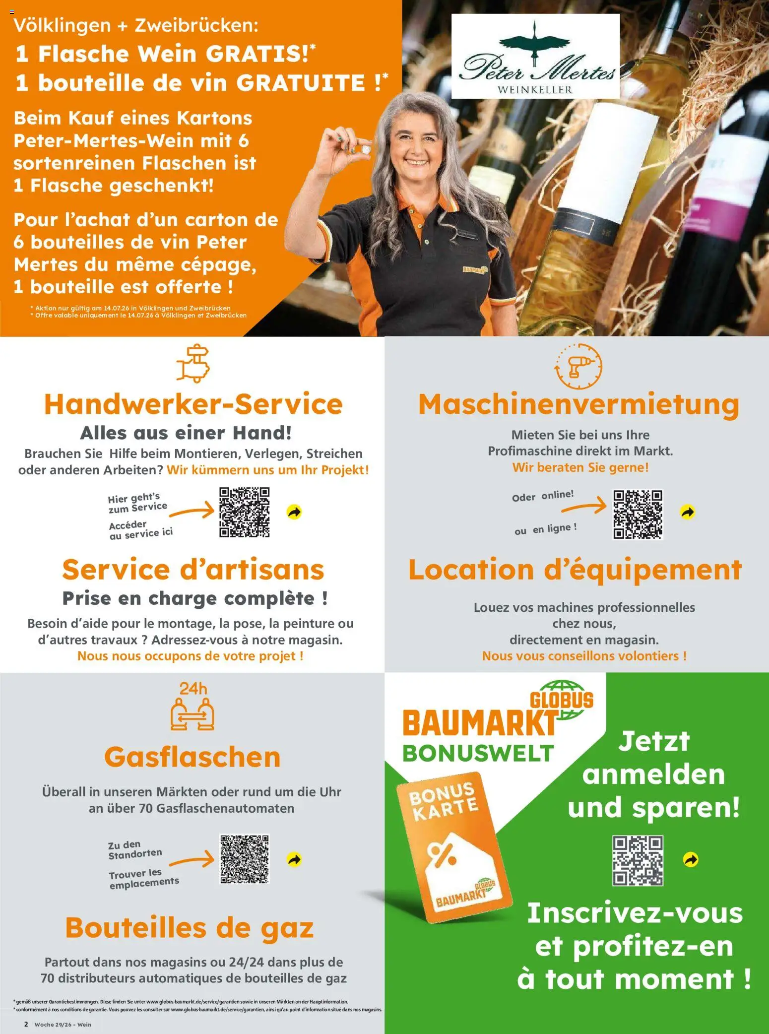 Globus Baumarkt Prospekt Zweibrücken – gültig ab 14.07.2026 | Seite: 2 | Produkte: Wein, Uhr