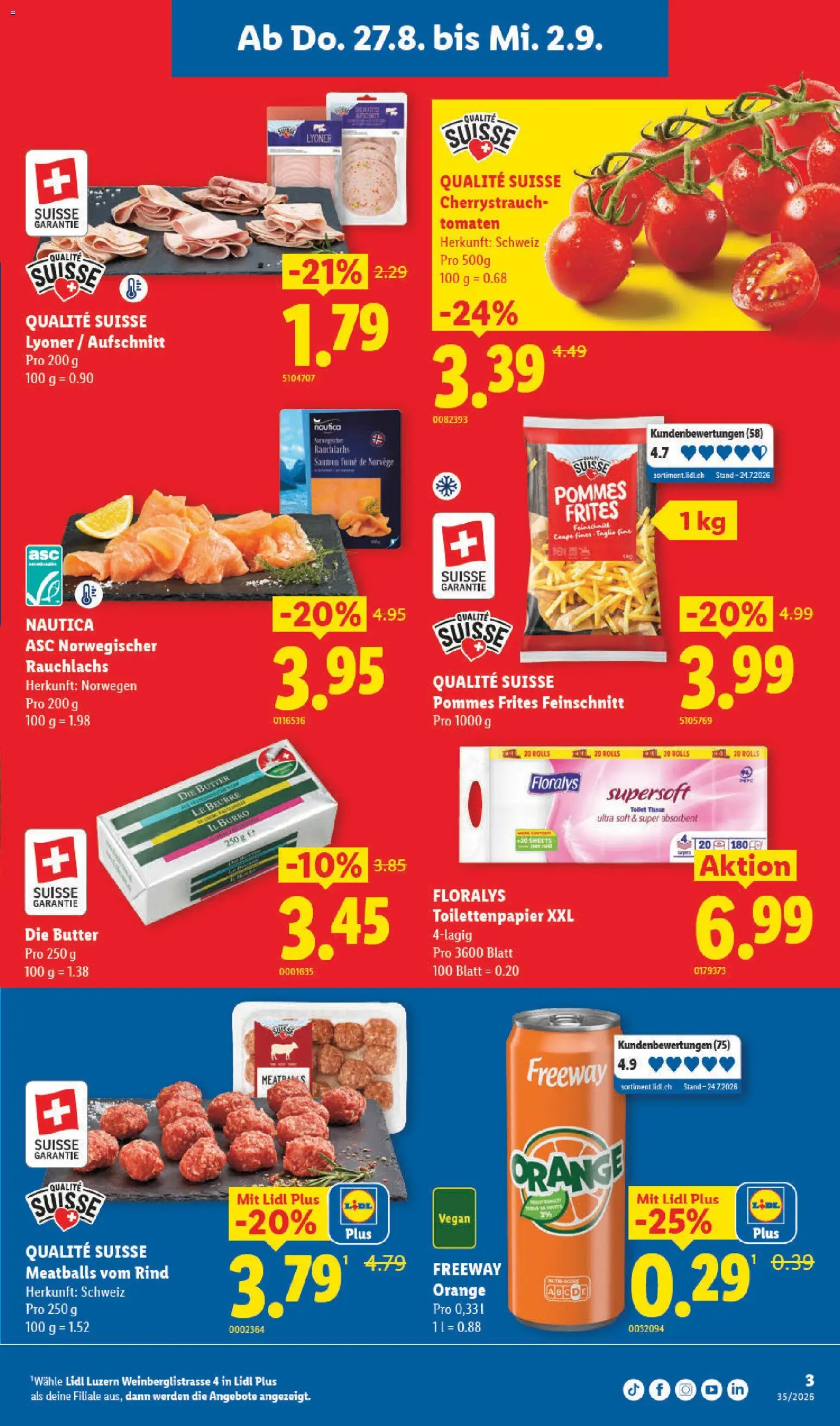 Lidl aktionen Neueröffnung Luzern – gültig ab 27.08.2026 | Seite: 3 | Produkte: Pommes Frites, Butter, Tomaten, Toilettenpapier