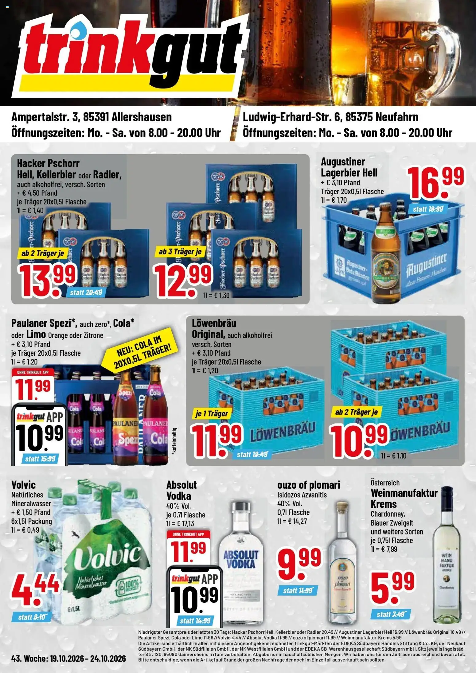 Trinkgut Prospekt Allershausen (ab 19.10.2026) » Angebote online | Seite: 1 | Produkte: Paulaner spezi, Vodka, Volvic, Uhr