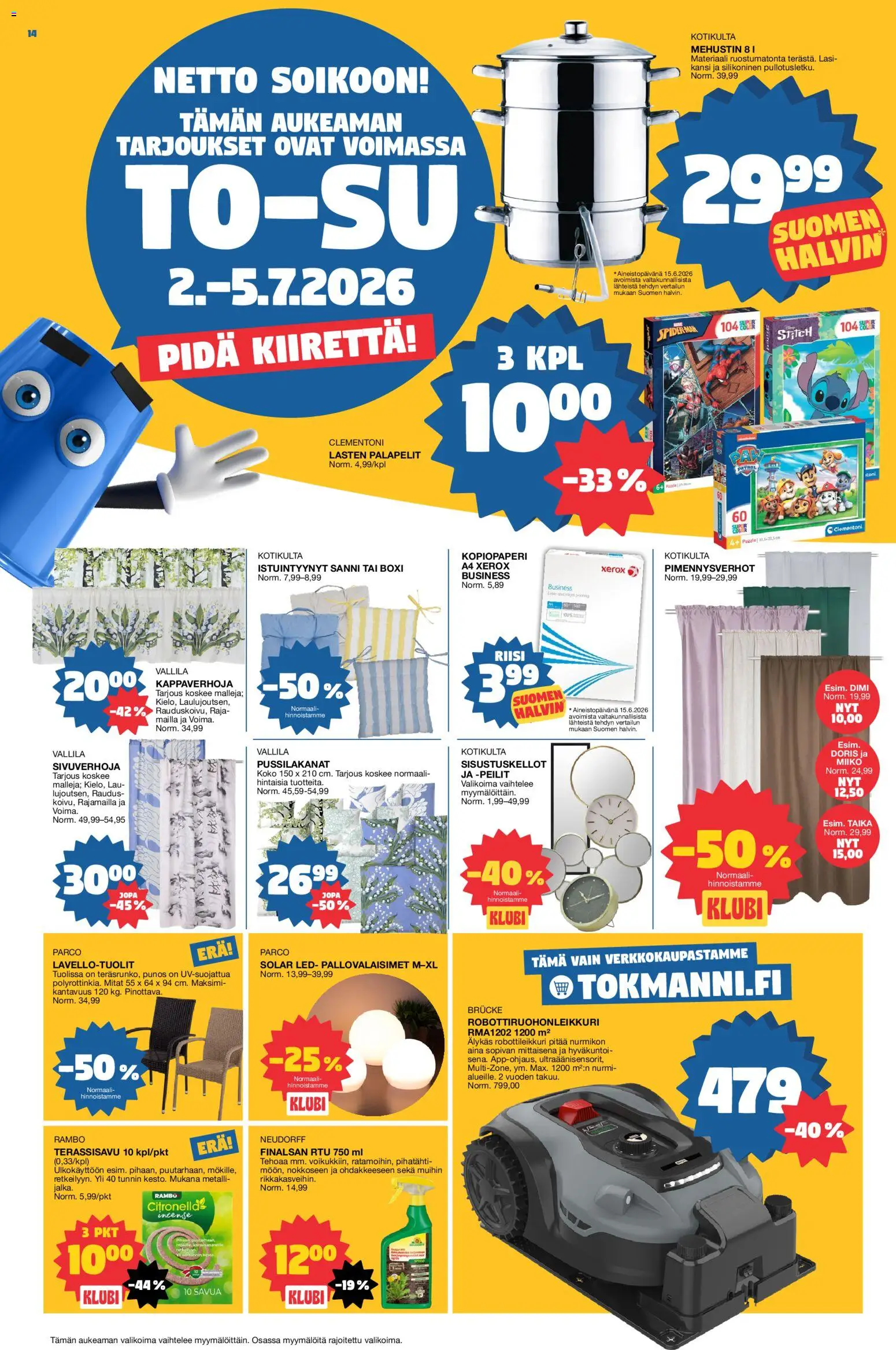 Tokmanni tarjoukset – voimassa 29/06/2026 alkaen | Sivu: 14 | Tuotteet: Mehustin, Robottiruohonleikkuri, Kansi, Riisi