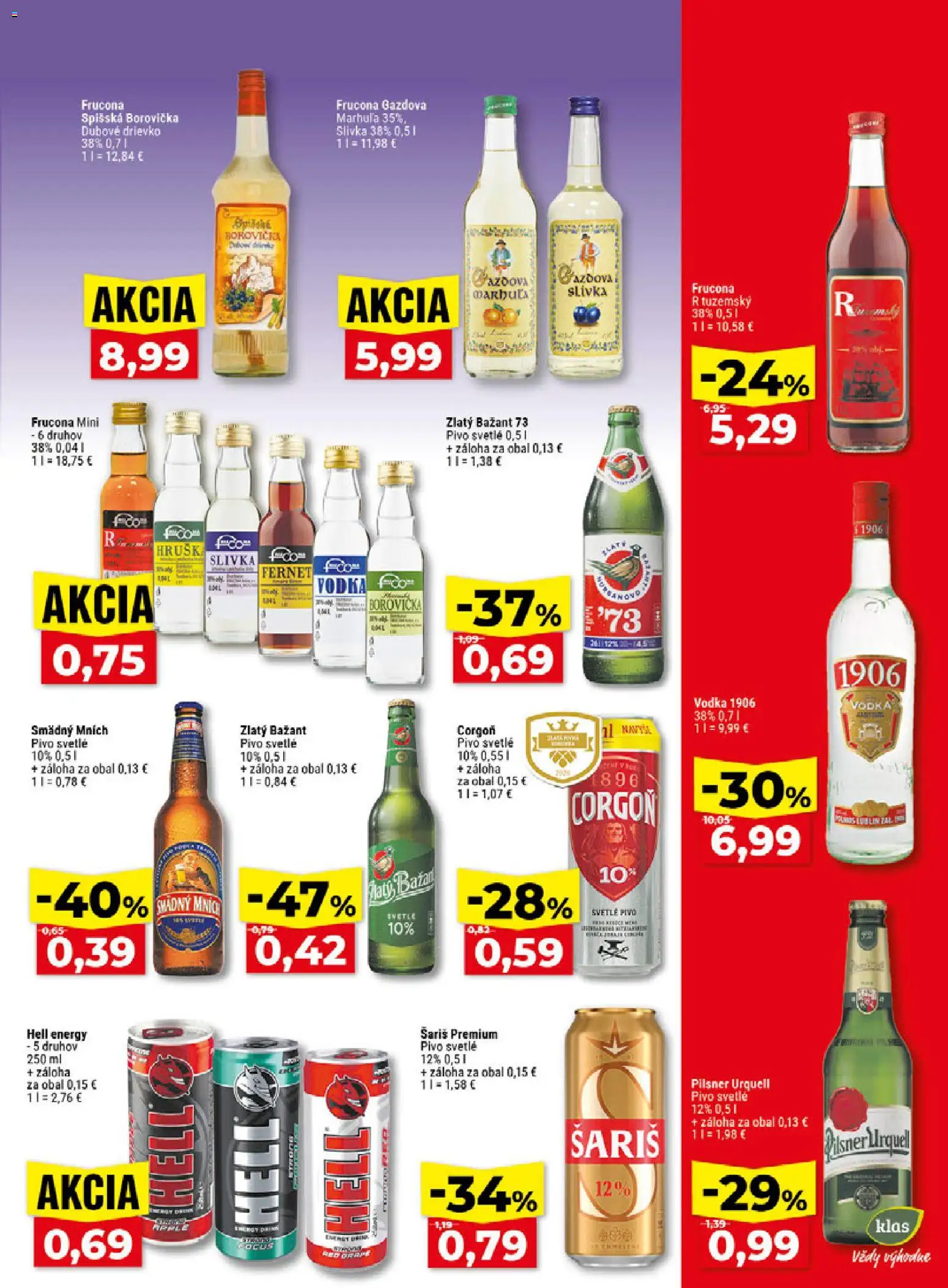 Nové Klas akcie – leták je platný od 19.10.2026 | Strana: 20 | Produkty: Pilsner Urquell, Zlatý Bažant, Smädný Mních, Vodka