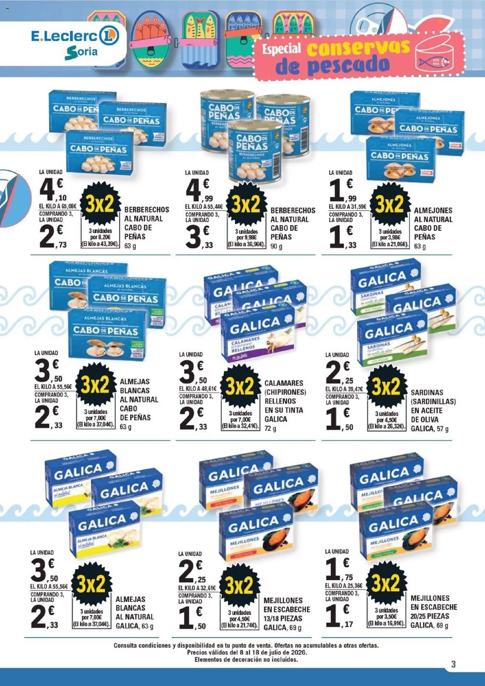 E.Leclerc folleto Soria │ válido desde el 08/07/2026 | Página: 3 | Productos: Calamares, Berberechos, Sardinillas, Pescado