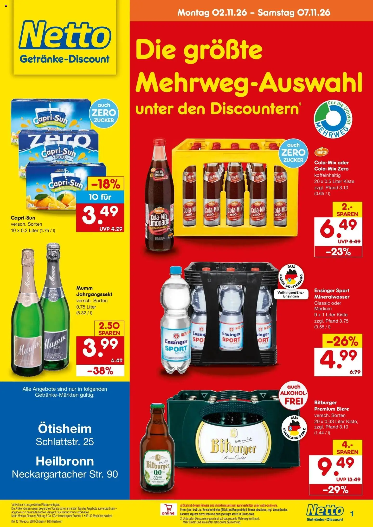 Netto Marken-Discount Prospekt Heilbronn – gültig ab 02.11.2026 | Seite: 1 | Produkte: Bitburger, Capri sun, Limonade, Mineralwasser