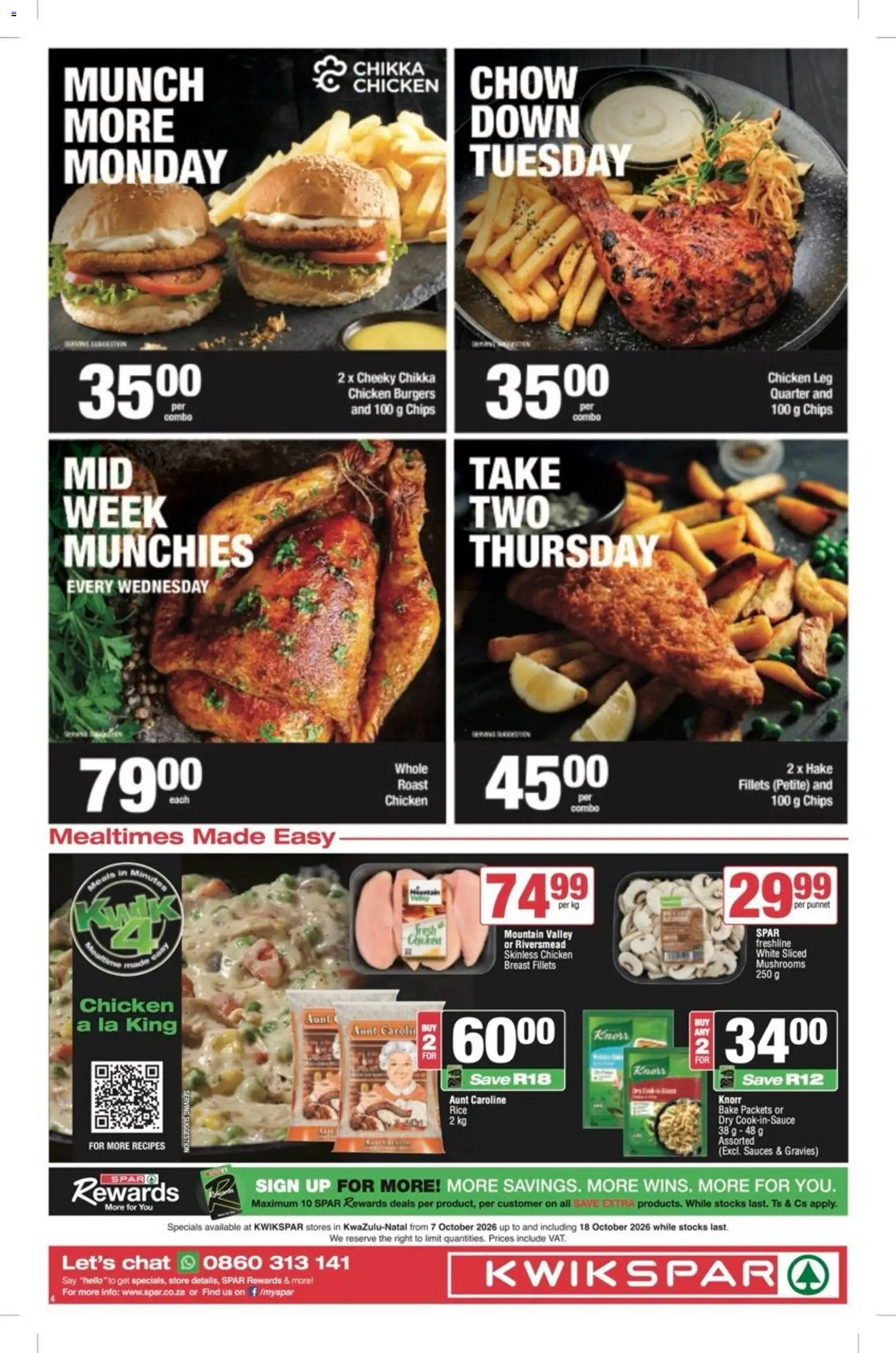 New KWIKSPAR catalogue – valid from 07/10/2026 | Page: 4 | Products: Mushrooms, Sauces, Rice, Burgers