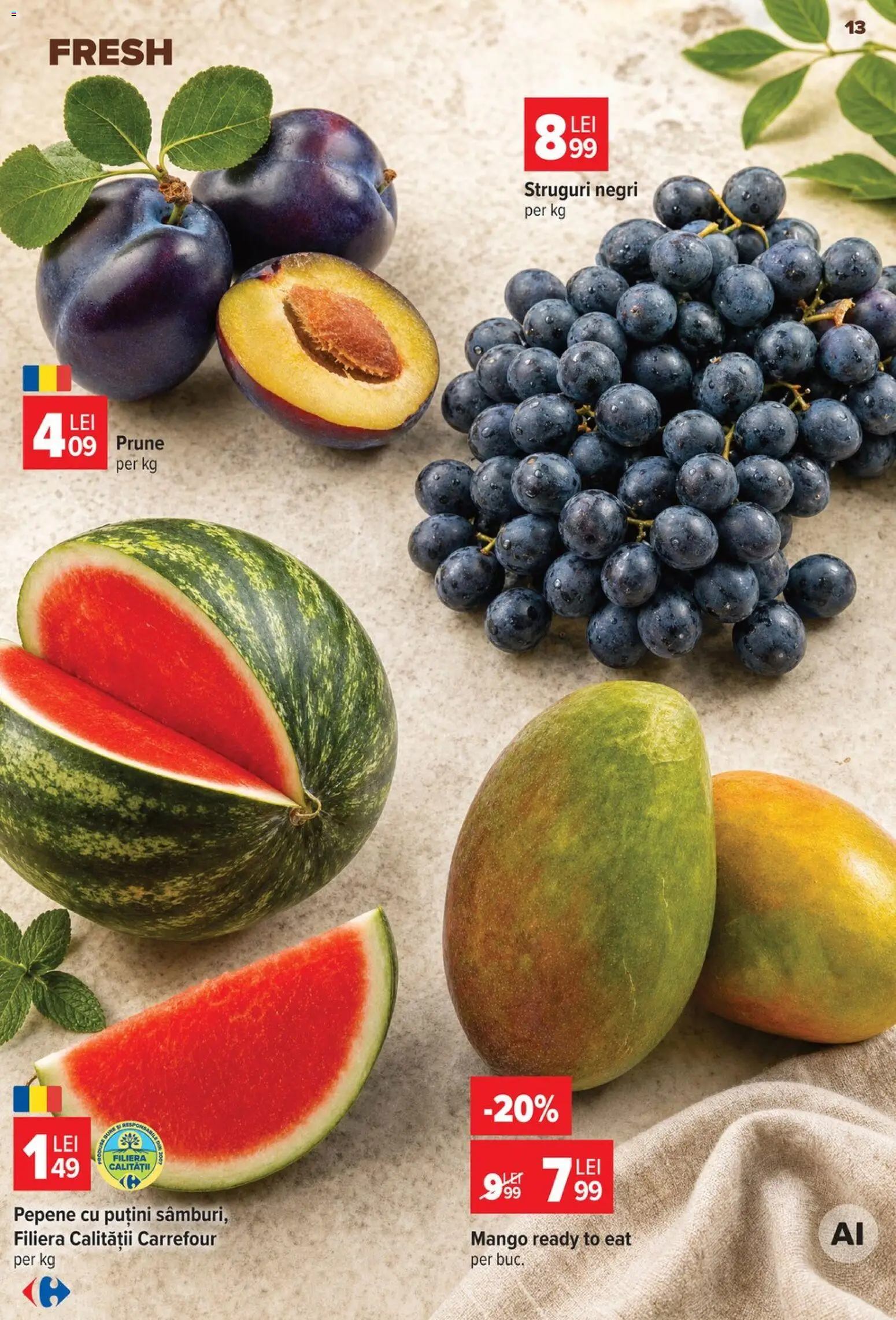 Noul catalog Carrefour – valabil de la 12.08.2026 | Pagină: 14 | Produse: Struguri, Struguri negri, Prune, Mango