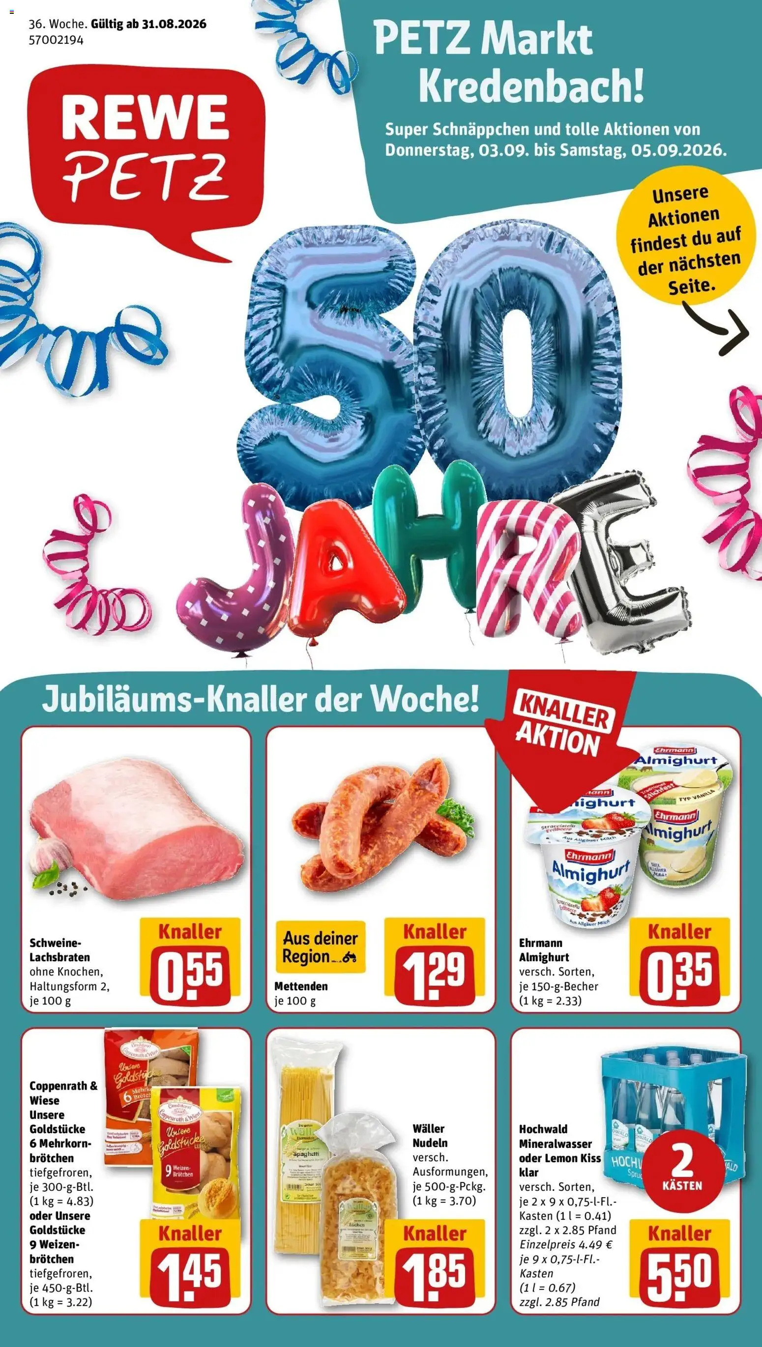 REWE Prospekt ab 31.08.2026 zum Blättern » Angebote | Seite: 1 | Produkte: Ehrmann almighurt, Milch, Spaghetti, Mineralwasser