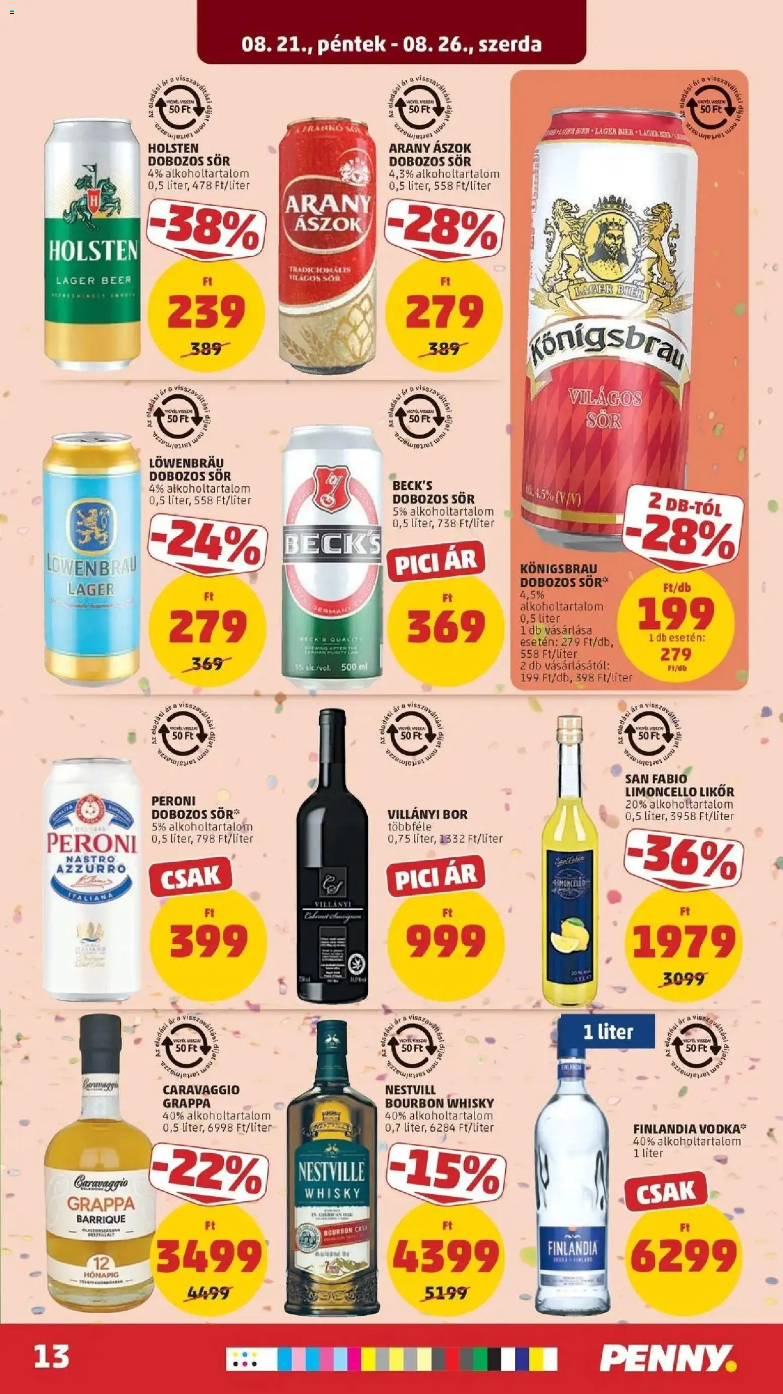 PENNY aktuális akciós újság: 2026.08.21.-tól lapozható | Oldal: 13 | Termékek: Bourbon, Finlandia, Világos sör, Vodka