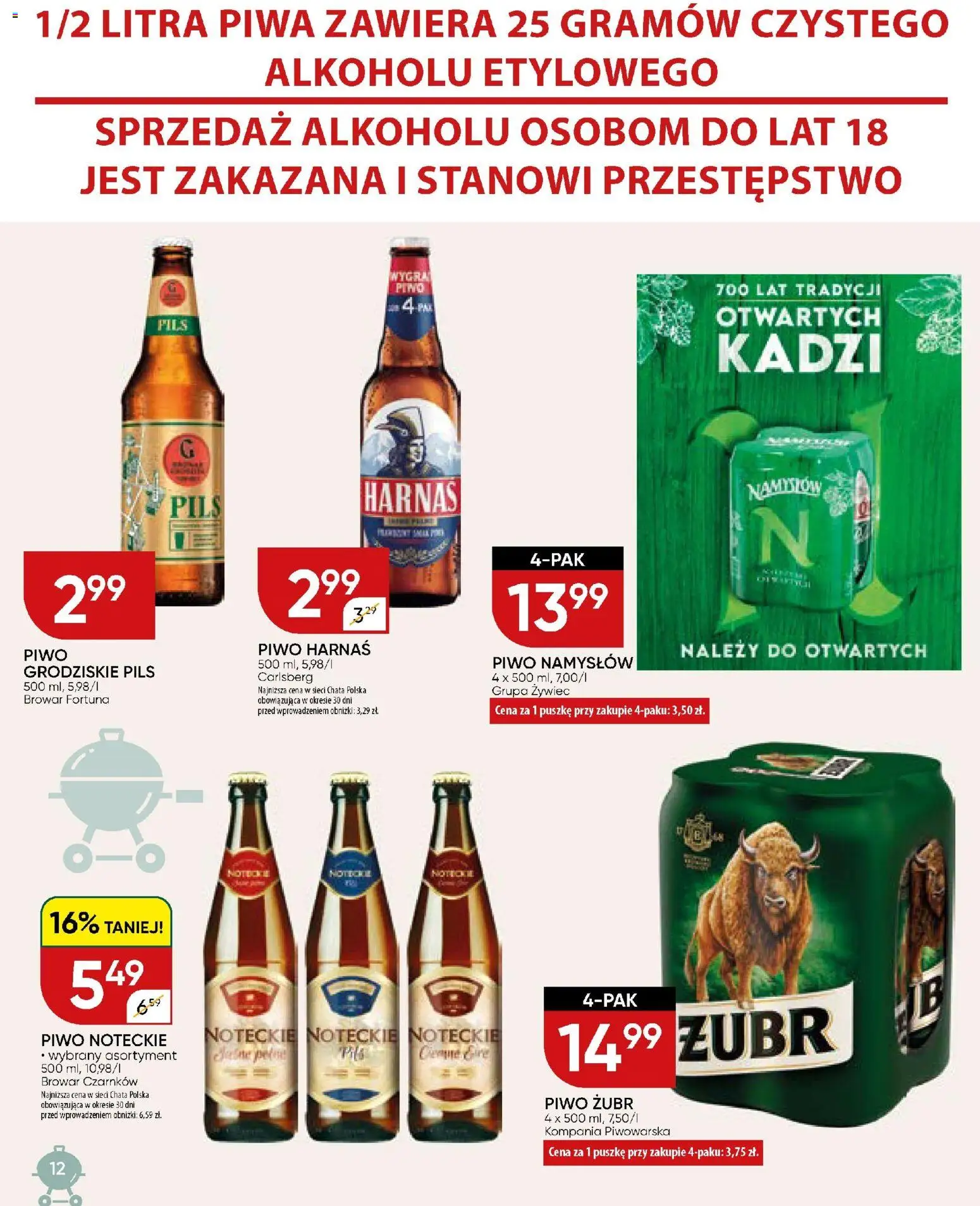 Chata Polska gazetka od 27.04.2026 | Strona: 12 | Produkty: Piwo żubr, Harnaś, Piwo, Piwo Namysłów