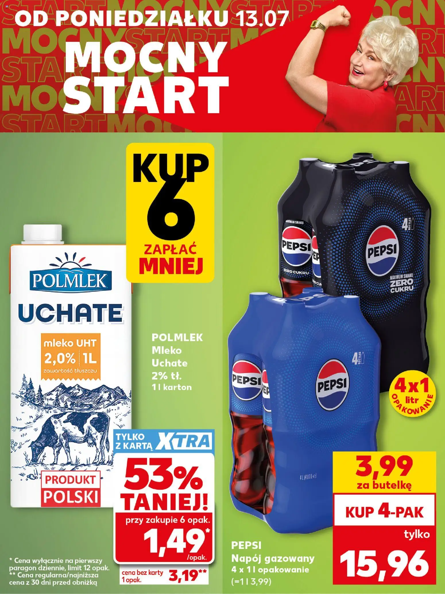 Kaufland Polsko leták - Mocny start od 13.07.2026 | Strana: 6 | Produkty: Mléko, Pepsi, Pepsi Zero, Karty