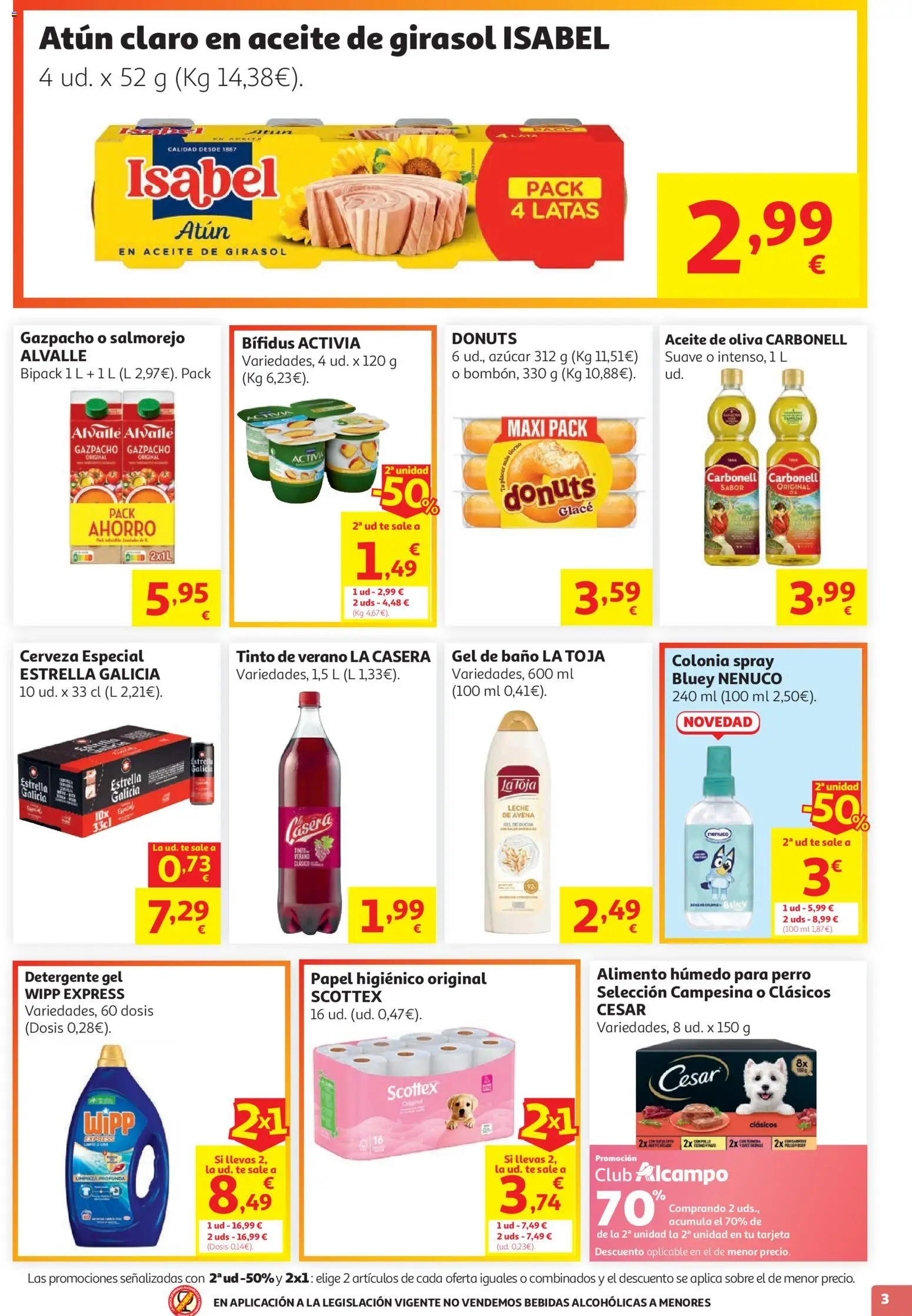 Alcampo folleto │ válido desde el 29/07/2026 | Página: 3 | Productos: Colonia, Papel higienico, Aceite de oliva, Atún claro