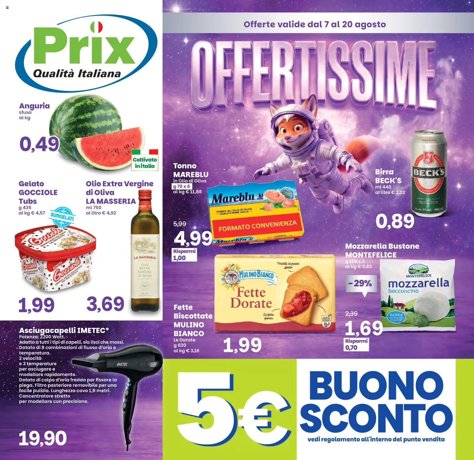 Volantino Prix del 07/08/2026 | Pagina: 1 | Prodotti: Birra, Mozzarella, Olio, Asciugacapelli