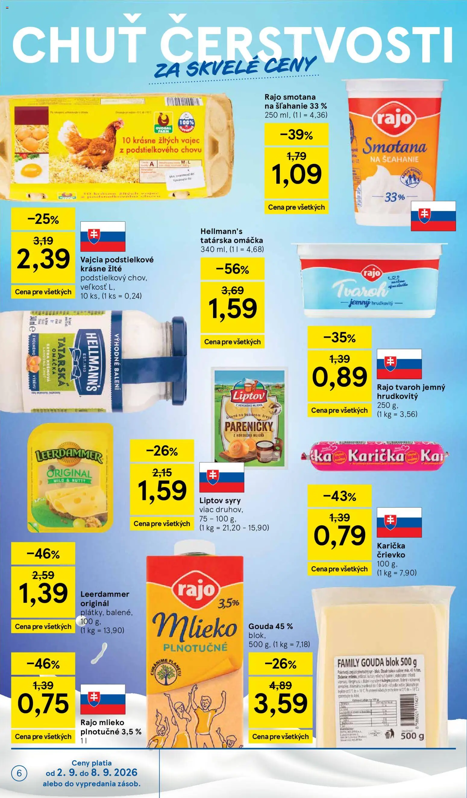 Nové Tesco akcie – leták je platný od 02.09.2026 | Strana: 6 | Produkty: Syr, Smotana na šľahanie 33 %, Mlieko plnotučné, Tatárska omáčka
