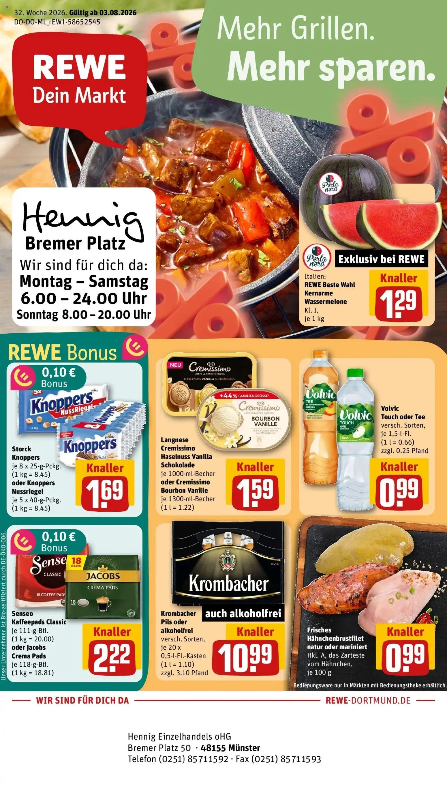 REWE Prospekt ab 03.08.2026 zum Blättern » Angebote | Seite: 1 | Produkte: Langnese, Cremissimo, Vanille, Krombacher