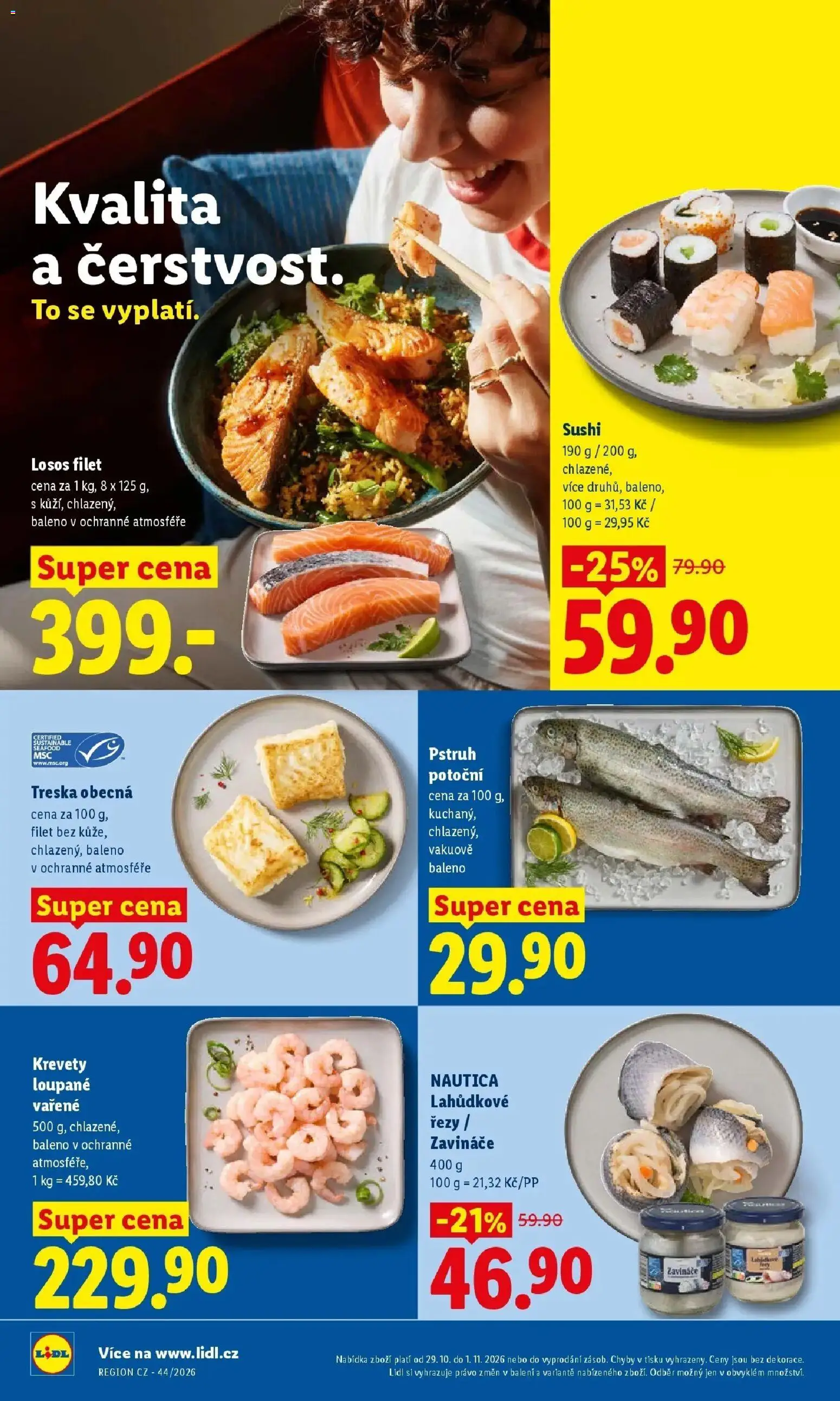 Lidl leták od 29.10.2026 - Nový akční leták | Strana: 18 | Produkty: Krevety loupané, Losos, Sushi, Pstruh