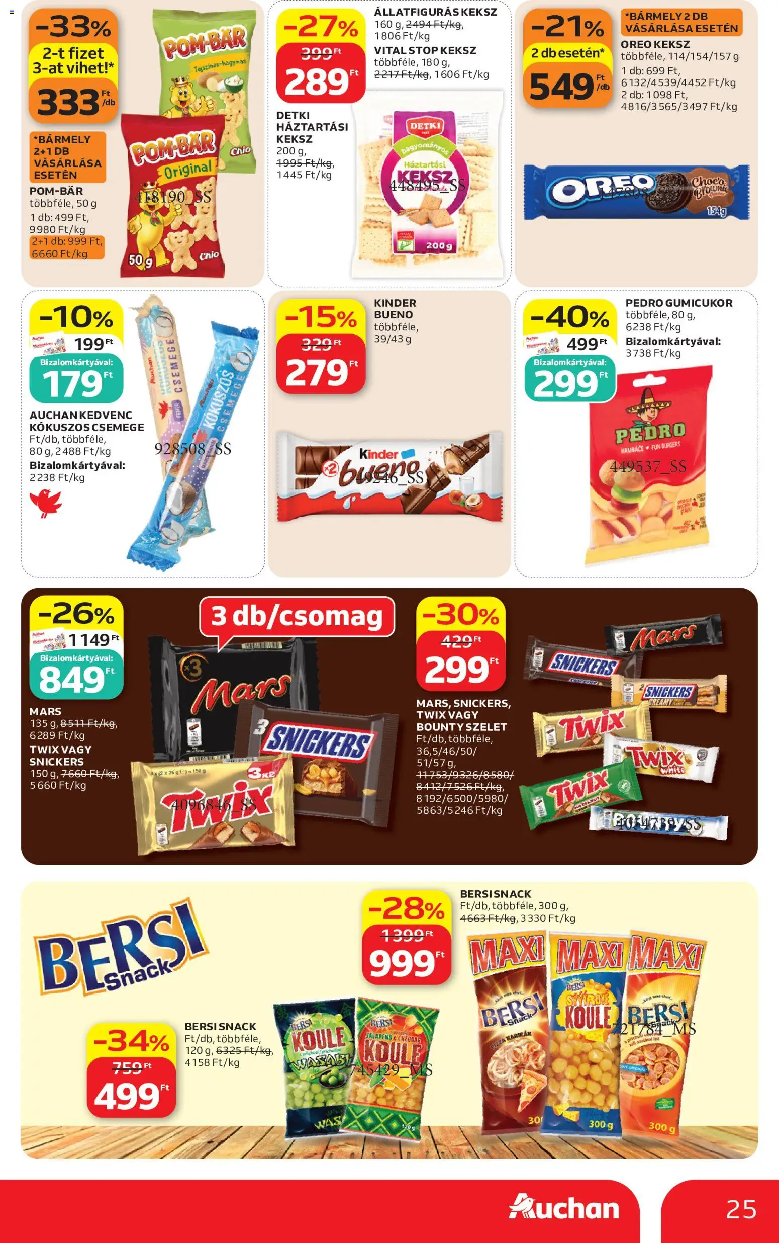 Auchan akciós ujság - amely érvényes a következő dátumtól: 21.05.2026 | Oldal: 25 | Termékek: Gumicukor, Snickers, Pizza, Keksz