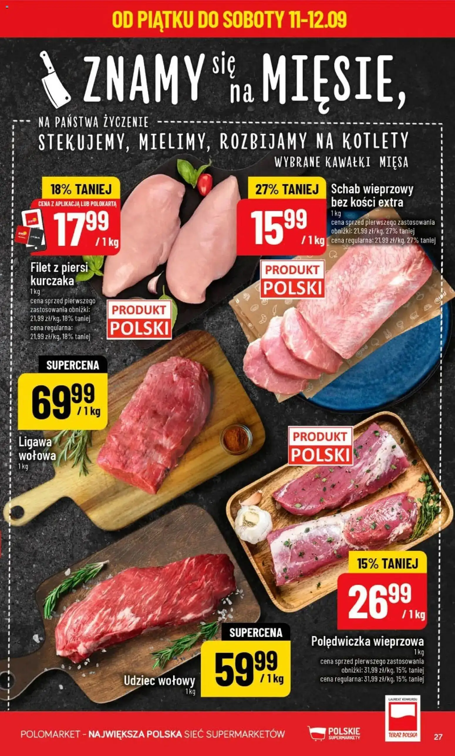 Nowa POLOmarket gazetka od jutra 09.09.2026 | Strona: 27 | Produkty: Piersi, Udziec wołowy, Schab wieprzowy, Filet z piersi kurczaka
