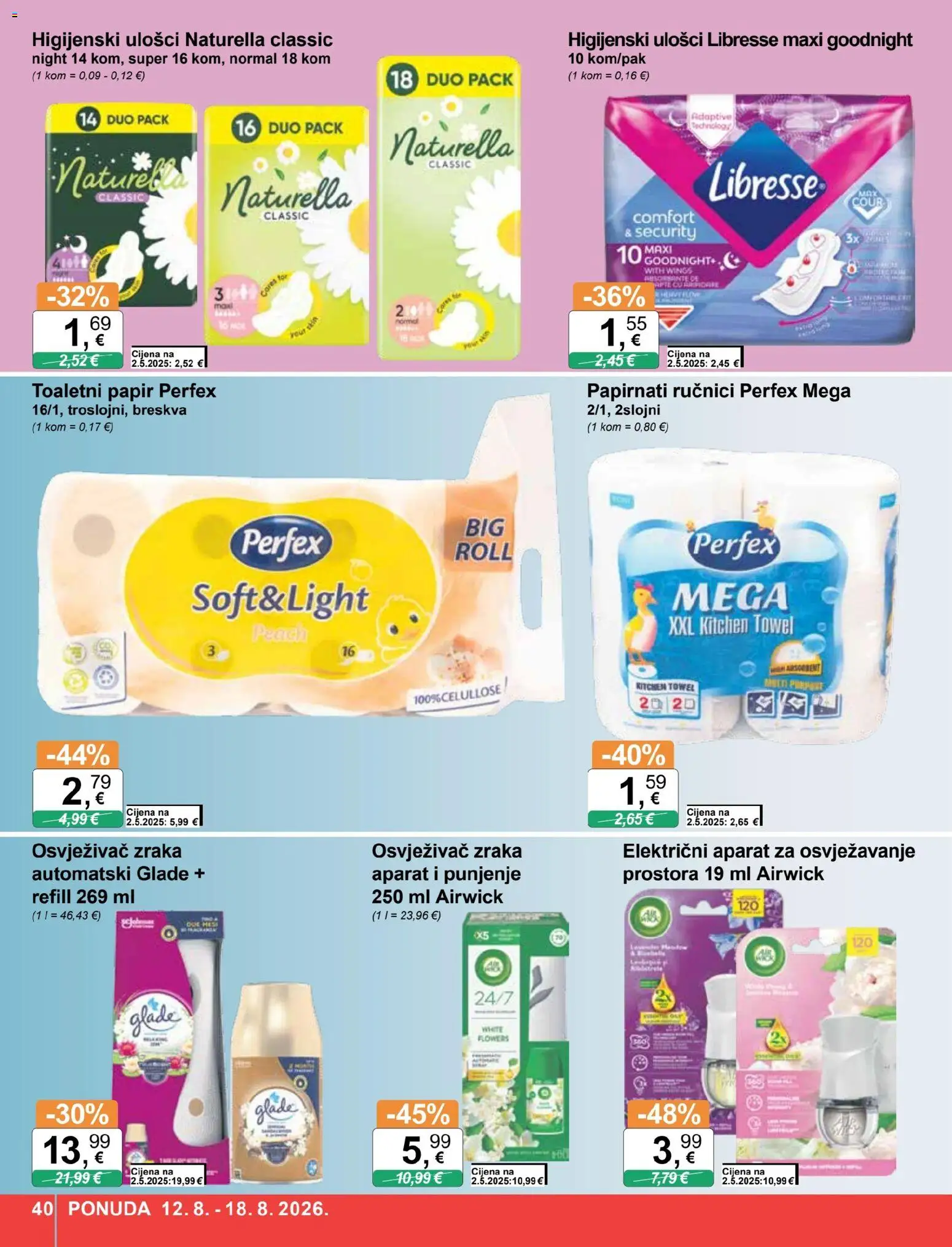 KTC katalog | vrijedi od 12.08.2026 | Stranica: 40 | Proizvodi: Higijenski ulošci, Papirnati ručnici, Breskva, Libresse
