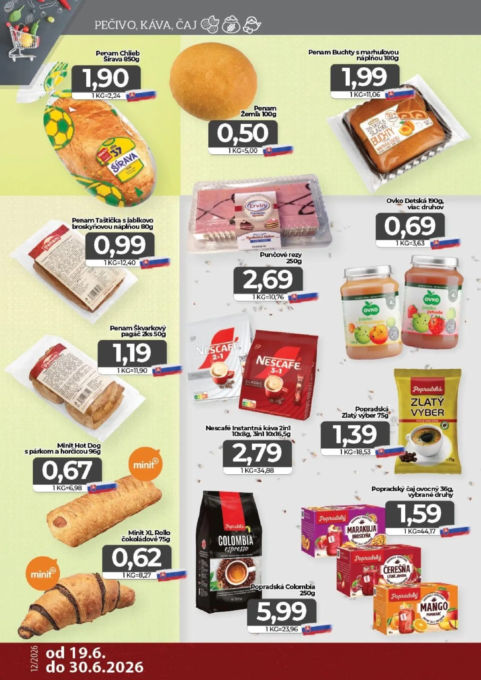Nové CBA Komfos akcie – leták je platný od 19.06.2026 | Strana: 8 | Produkty: Chlieb, Káva, Čaj, Mango