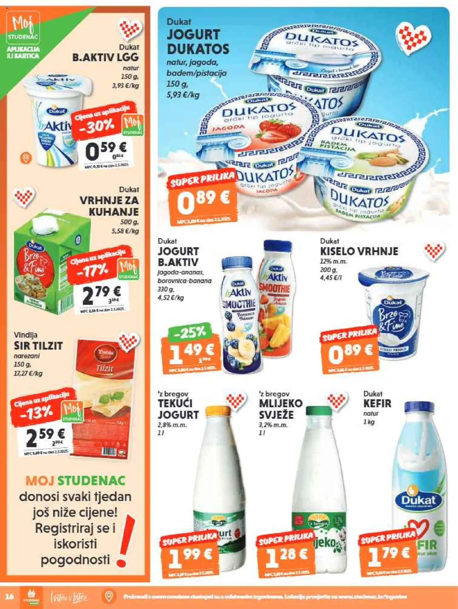Studenac katalog | vrijedi od 01.07.2026 | Stranica: 16 | Proizvodi: Vindija, Sir, Kiselo vrhnje, Kefir