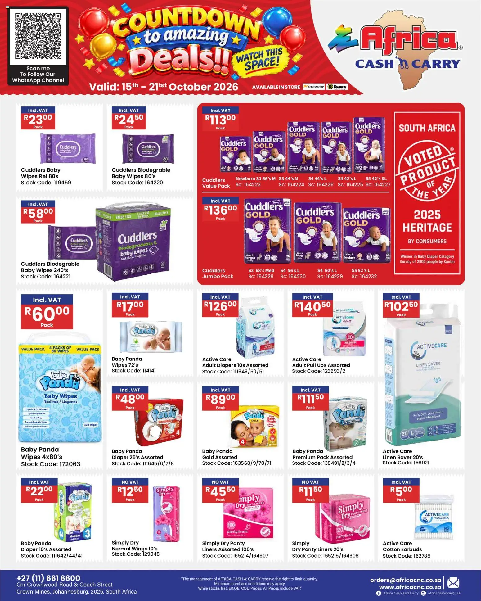 New Africa Cash & Carry catalogue – valid from 15/10/2026 | Page: 66 | Products: Earbuds, Diapers, Stock, Panty liners